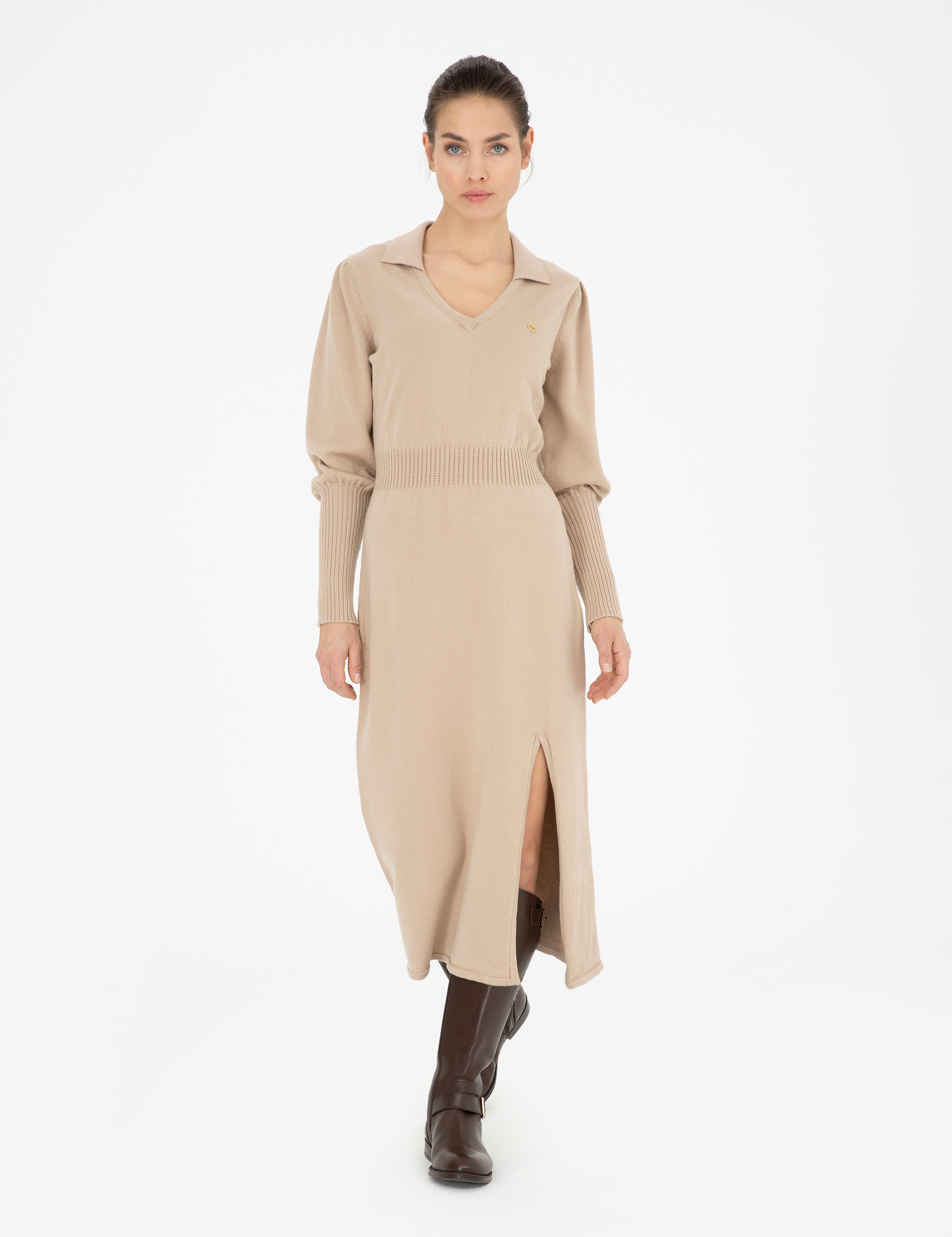 Krem Regular Fit Triko Elbise