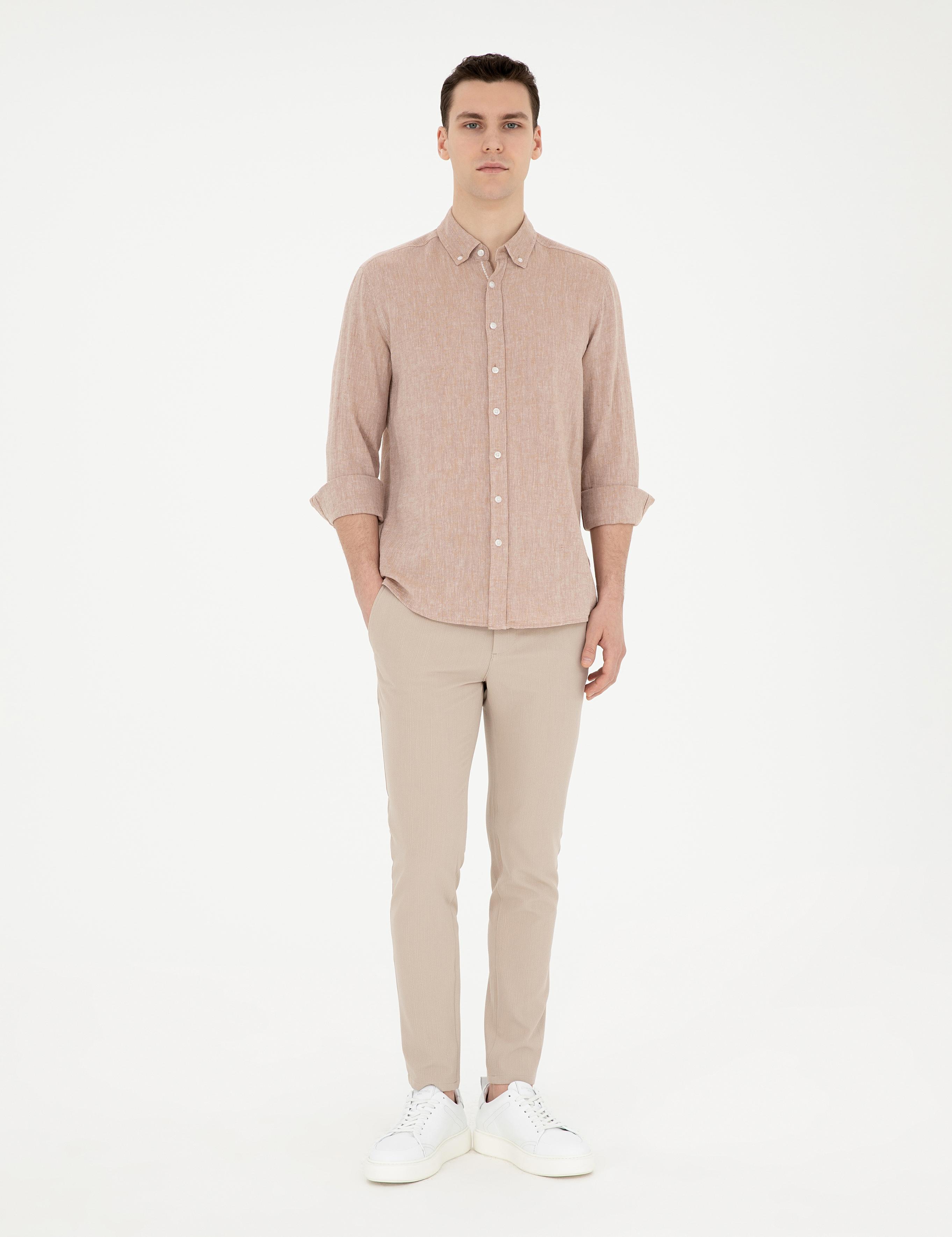 Kahverengi Keten Karışımlı Regular Fit Uzun Kollu Gömlek