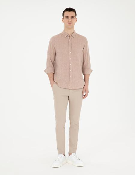 Kahverengi Keten Karışımlı Regular Fit Uzun Kollu Gömlek - 50287991022