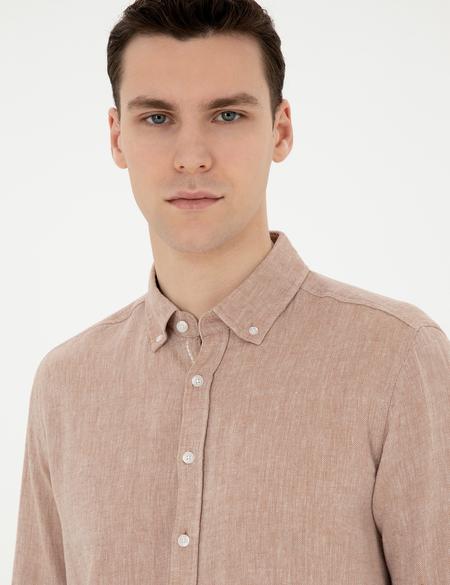 Kahverengi Keten Karışımlı Regular Fit Uzun Kollu Gömlek - 50287991022