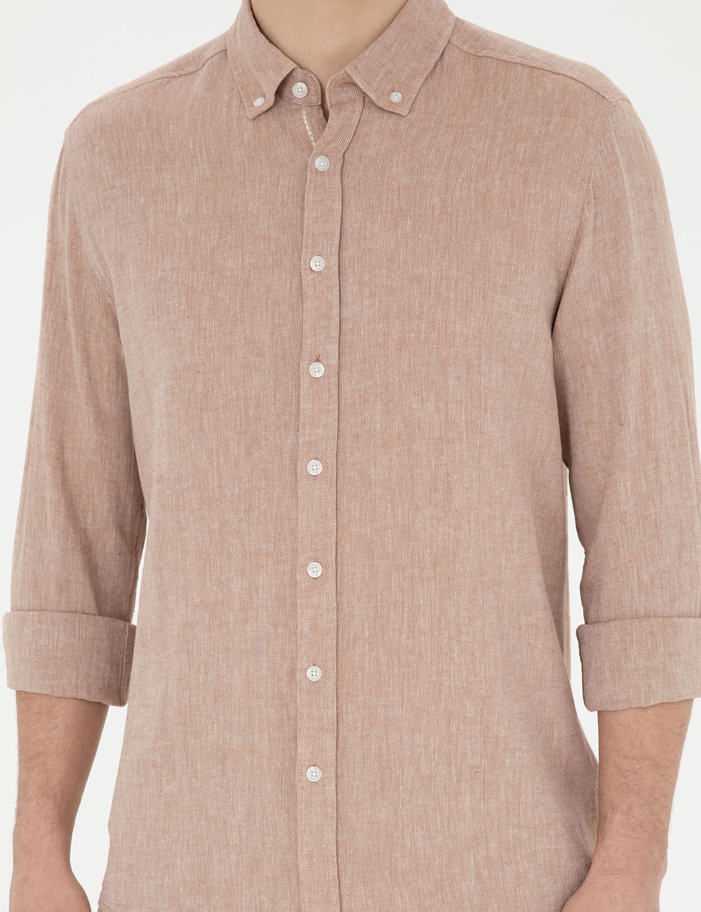 Kahverengi Keten Karışımlı Regular Fit Uzun Kollu Gömlek