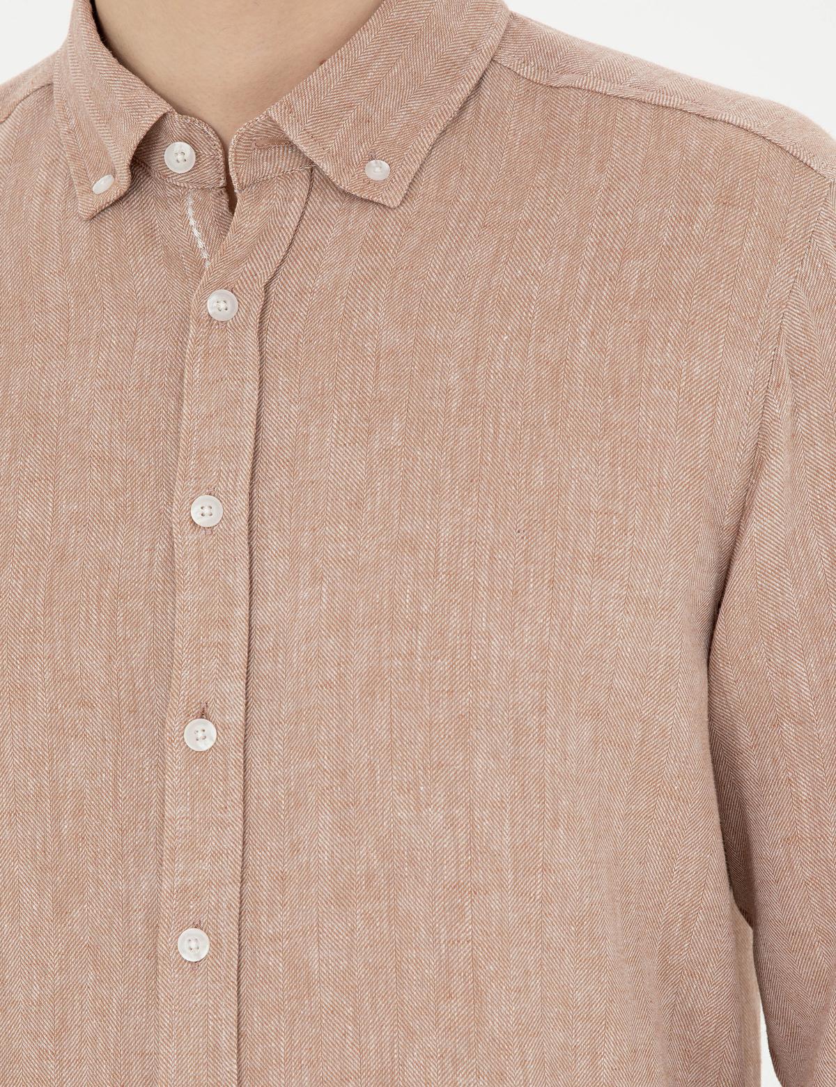 Kahverengi Keten Karışımlı Regular Fit Uzun Kollu Gömlek - 50287991022