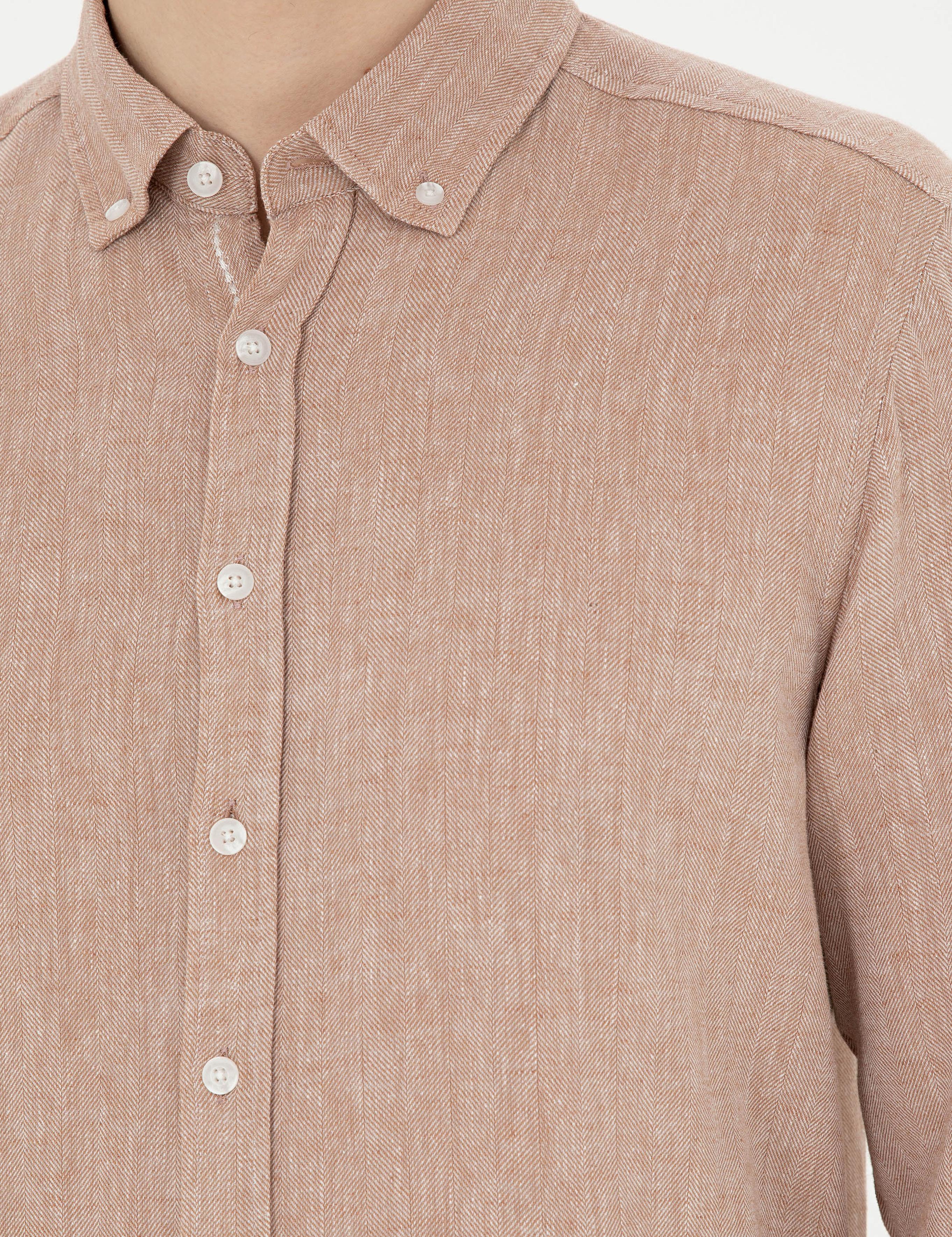 Kahverengi Keten Karışımlı Regular Fit Uzun Kollu Gömlek