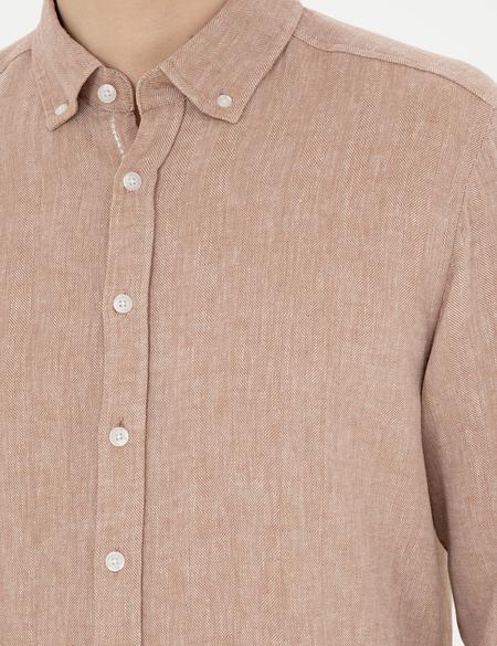Kahverengi Keten Karışımlı Regular Fit Uzun Kollu Gömlek - 50287991022