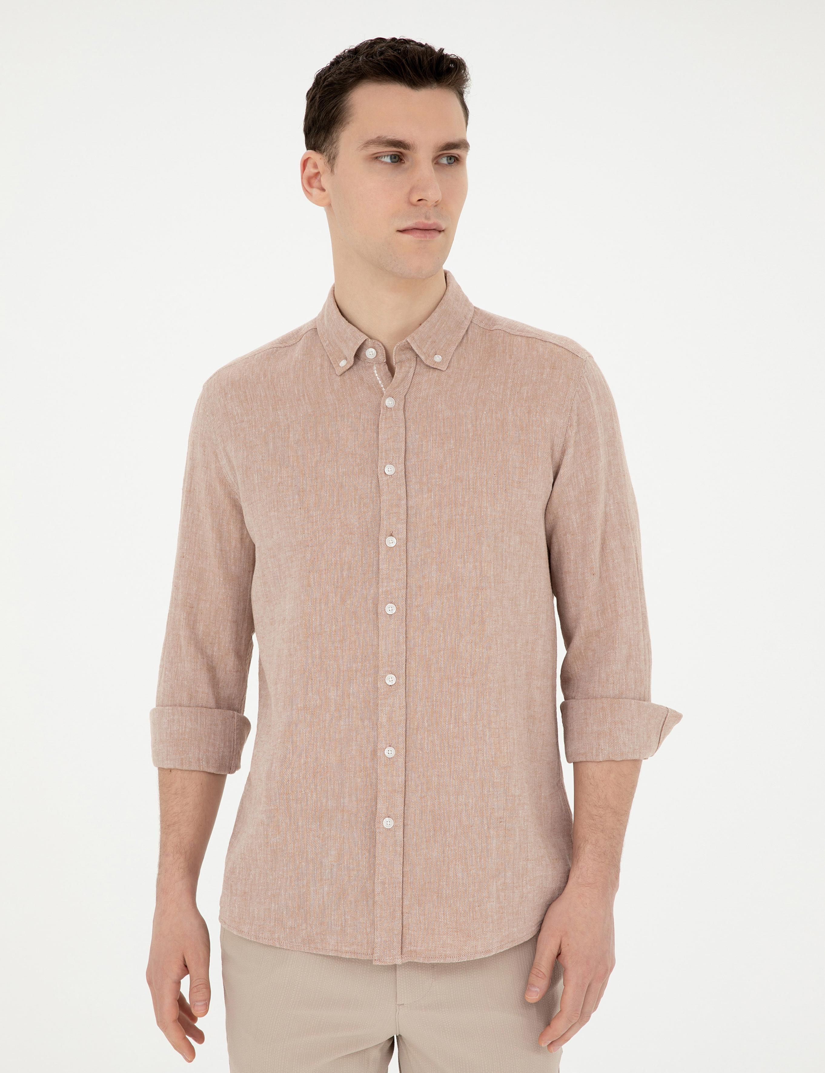 Kahverengi Keten Karışımlı Regular Fit Uzun Kollu Gömlek