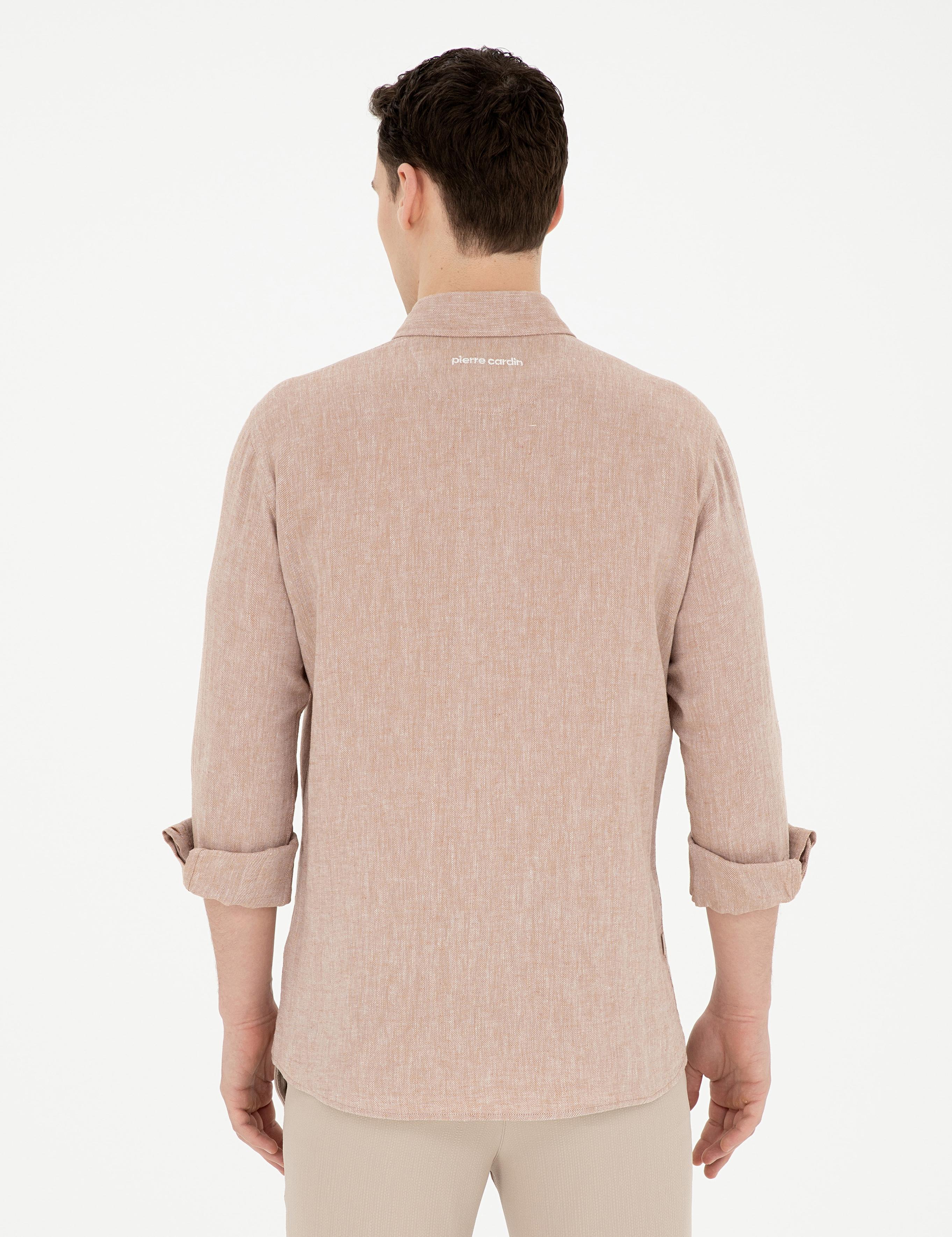 Kahverengi Keten Karışımlı Regular Fit Uzun Kollu Gömlek