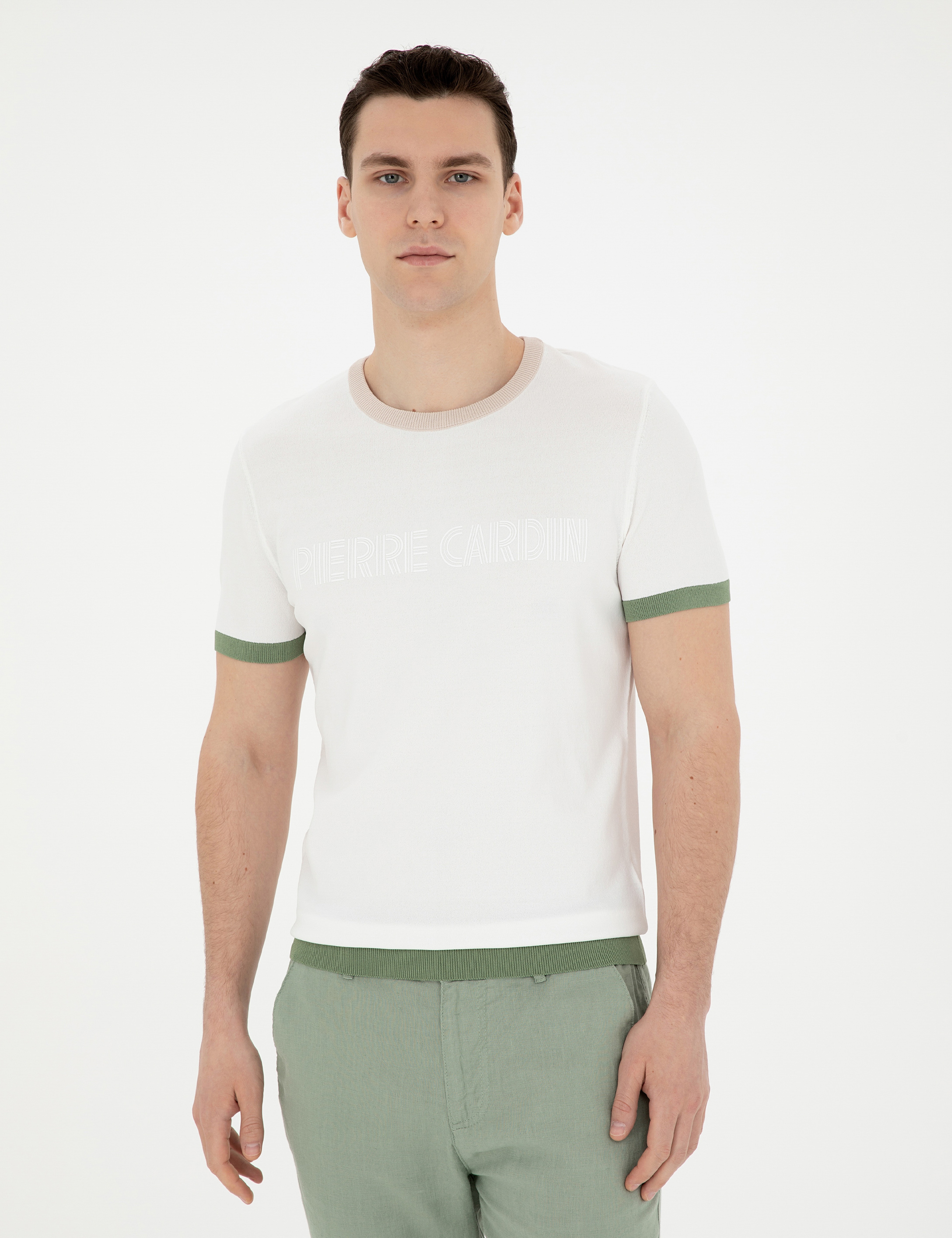 Beyaz Slim Fit Bisiklet Yaka Triko Tişört - Image 3