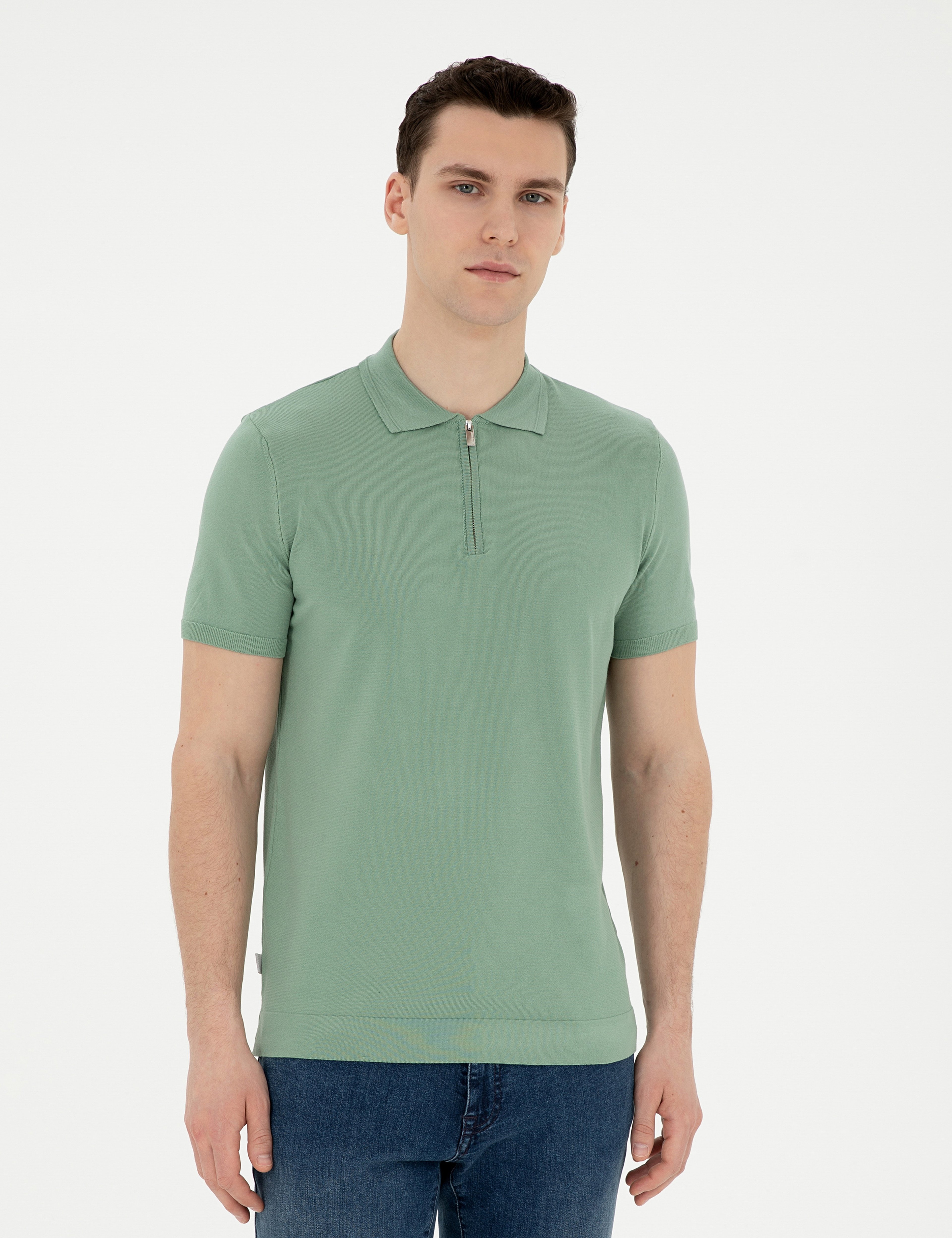 Çağla Slim Fit Fermuarlı Polo Yaka Triko Tişört - Image 1