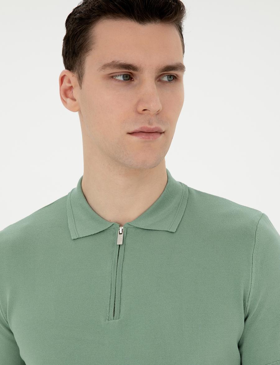 Çağla Slim Fit Fermuarlı Polo Yaka Triko Tişört