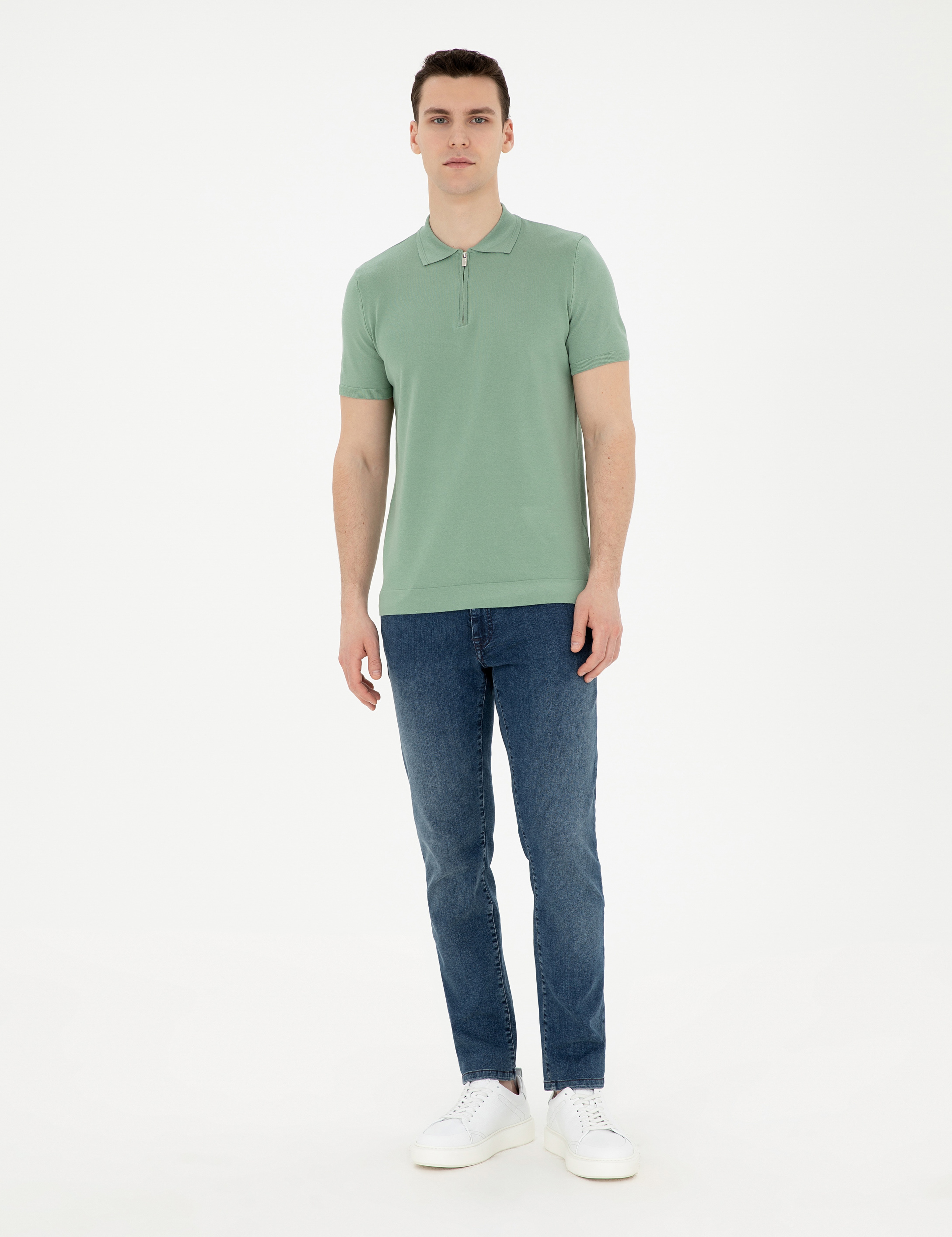 Çağla Slim Fit Fermuarlı Polo Yaka Triko Tişört - Image 4