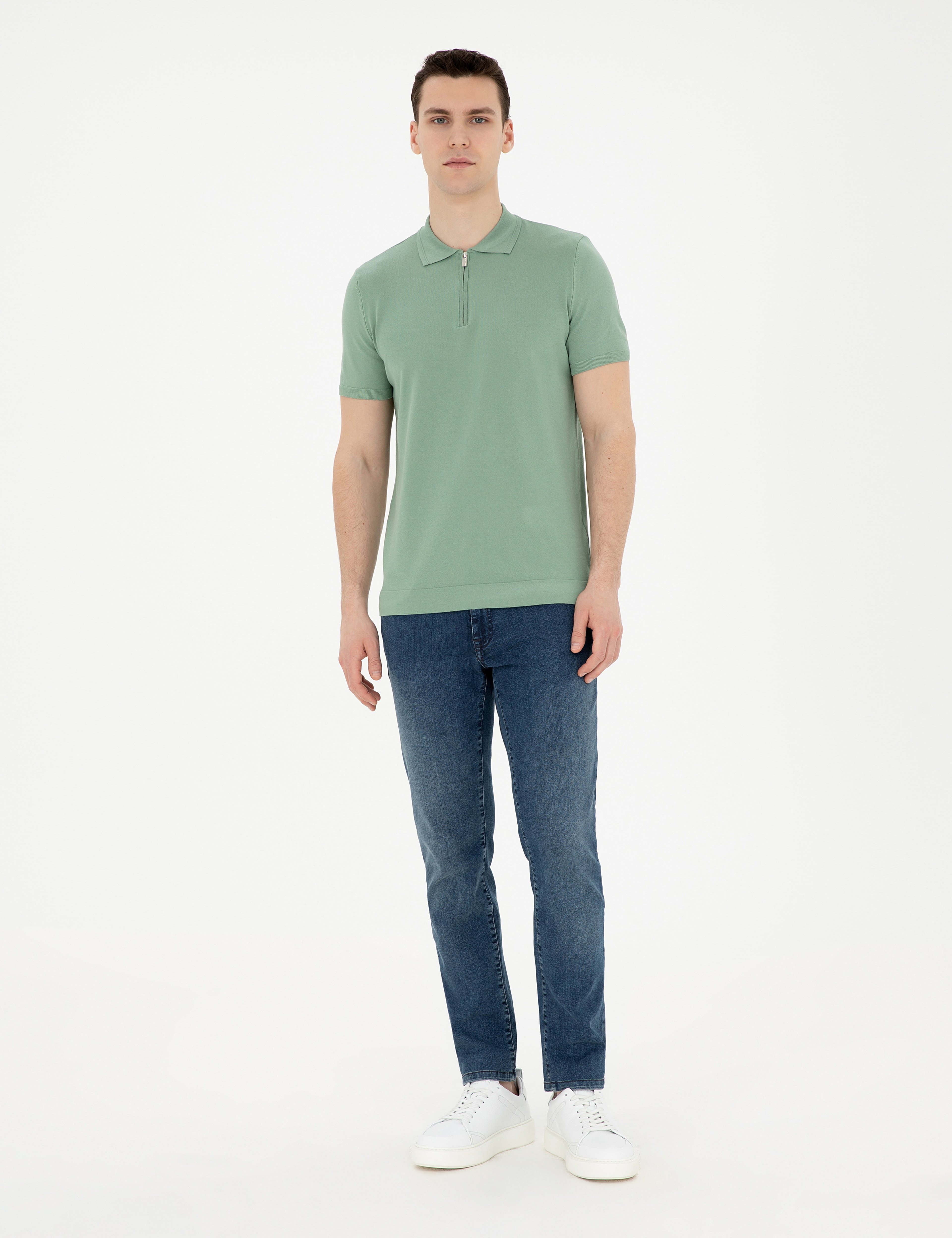 Çağla Slim Fit Fermuarlı Polo Yaka Triko Tişört