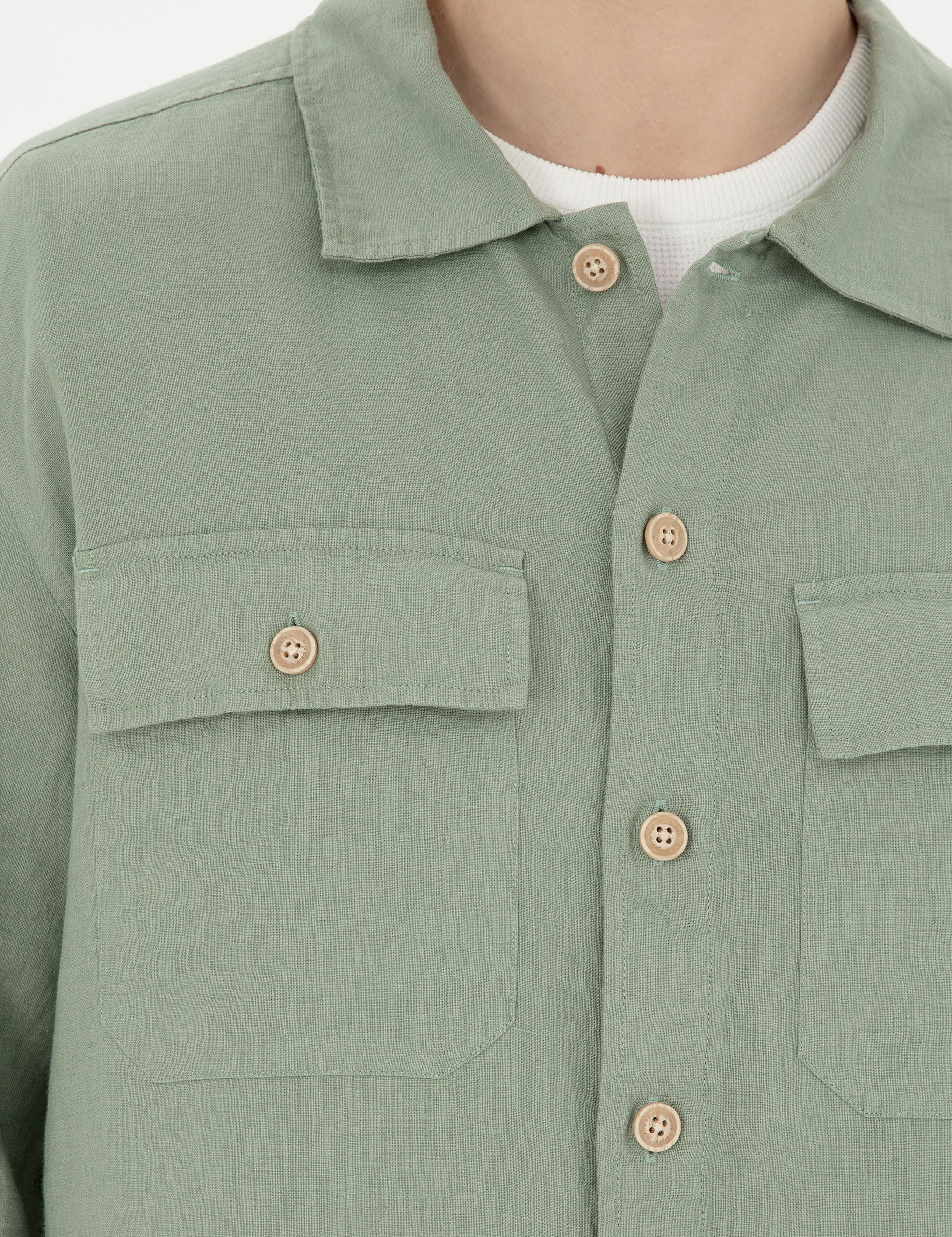 Yeşil Keten Comfort Fit Uzun Kollu Gömlek