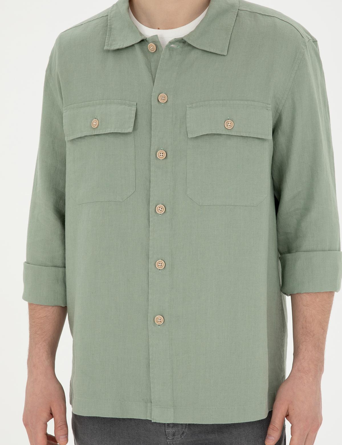 Yeşil Keten Comfort Fit Uzun Kollu Gömlek - 50287504016