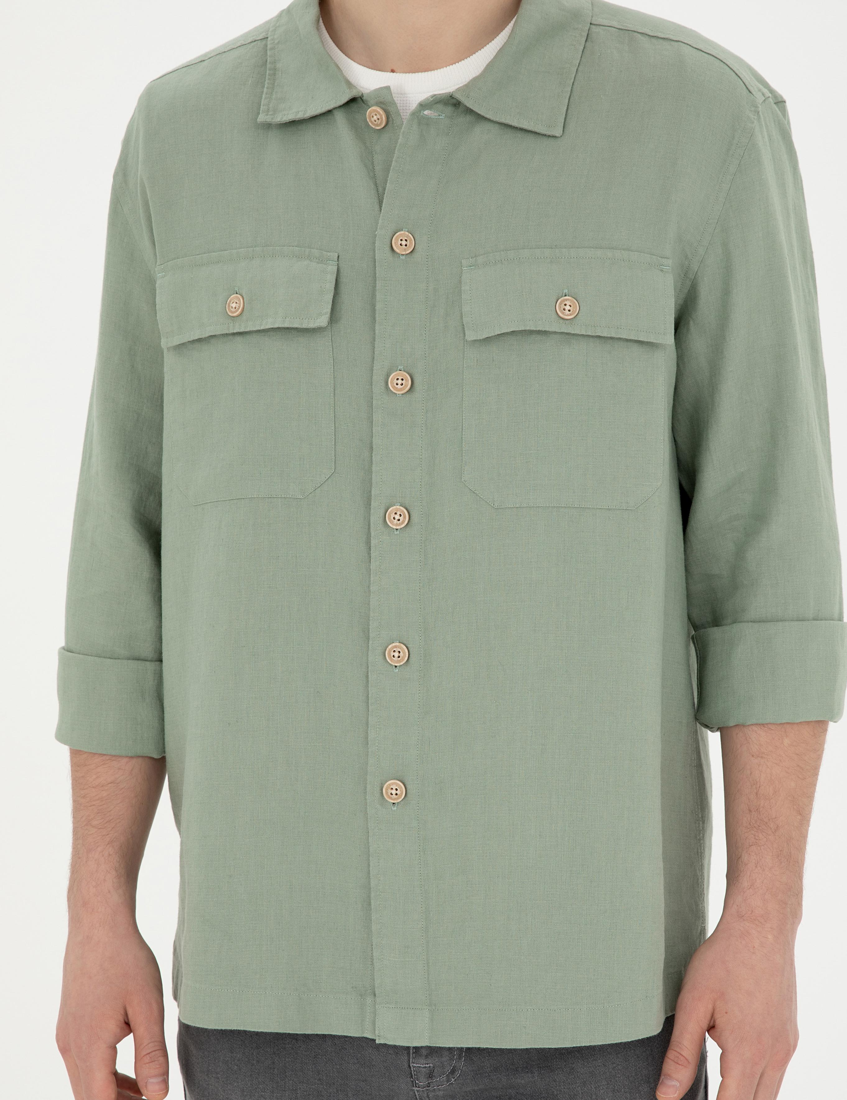 Yeşil Keten Comfort Fit Uzun Kollu Gömlek