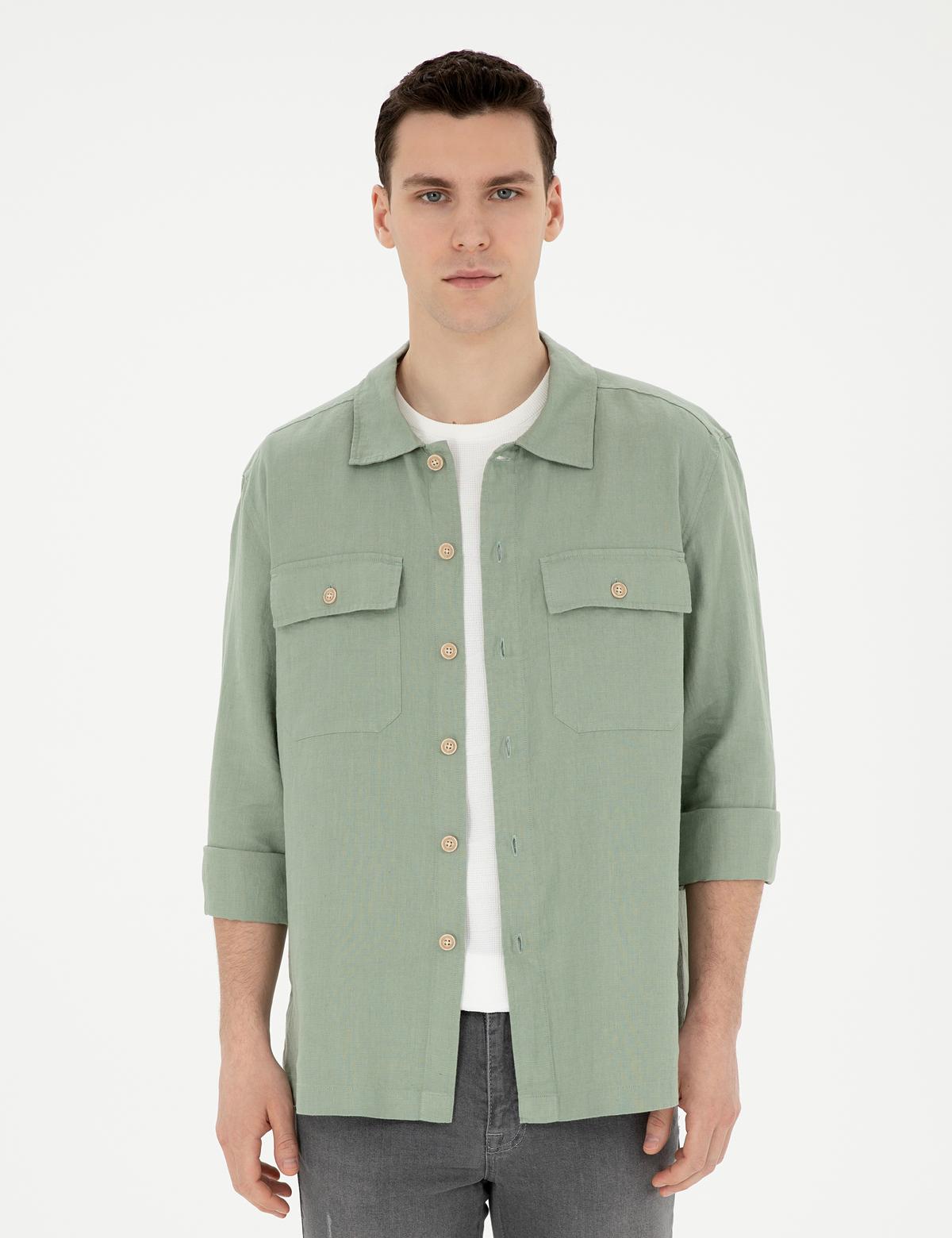 Yeşil Keten Comfort Fit Uzun Kollu Gömlek