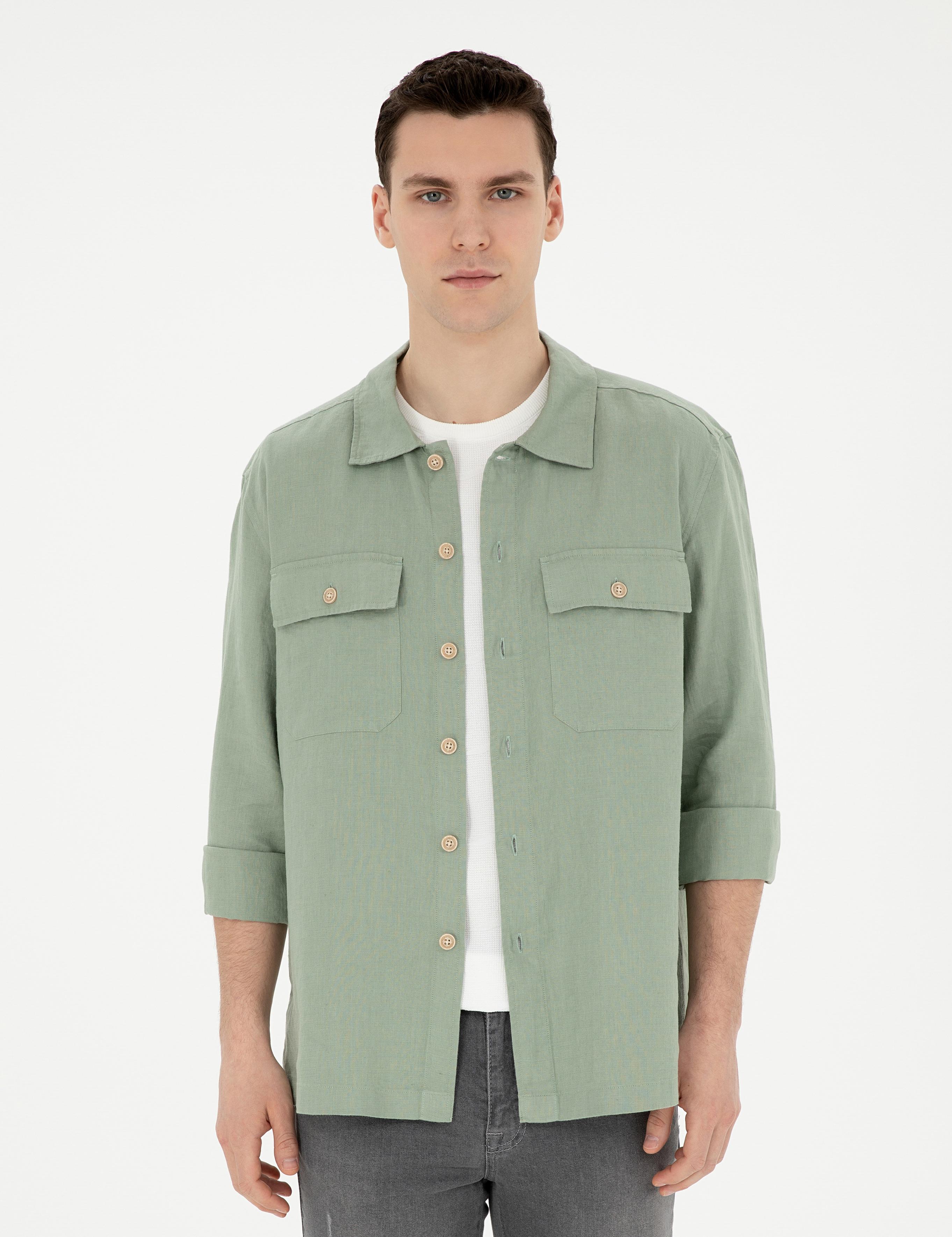 Yeşil Keten Comfort Fit Uzun Kollu Gömlek