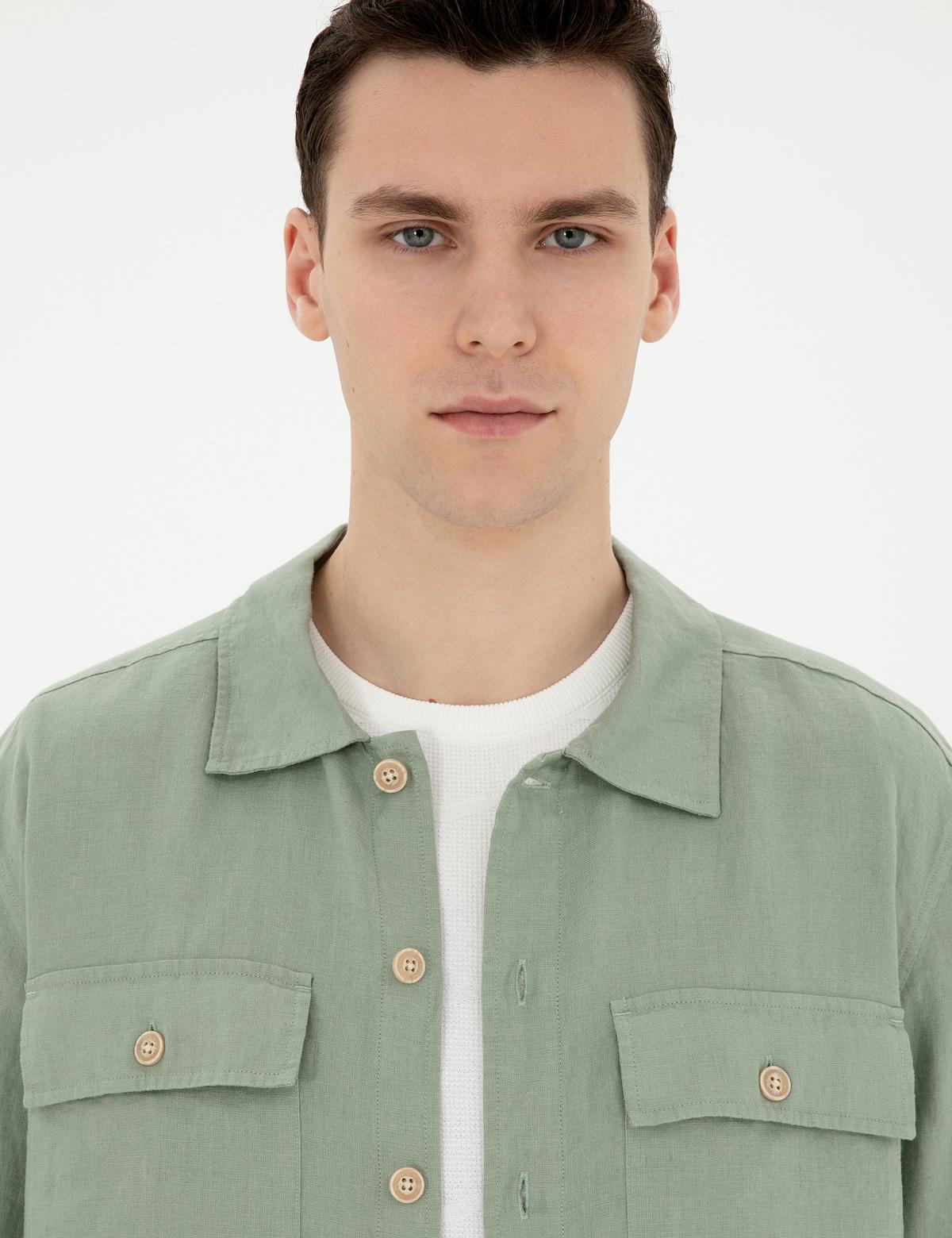 Yeşil Keten Comfort Fit Uzun Kollu Gömlek - 50287504016