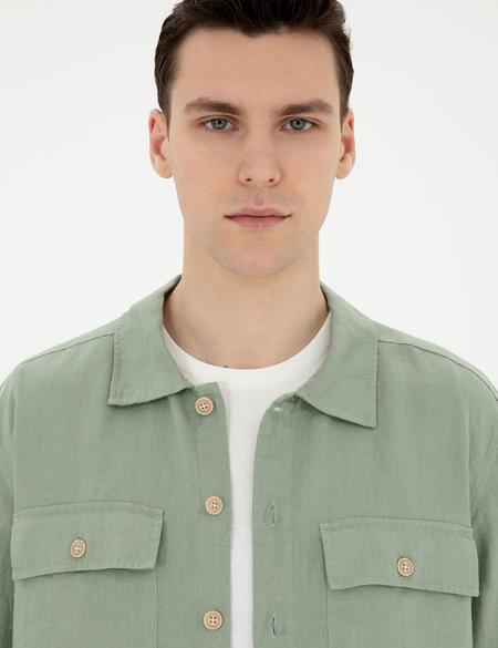 Yeşil Keten Comfort Fit Uzun Kollu Gömlek - 50287504016