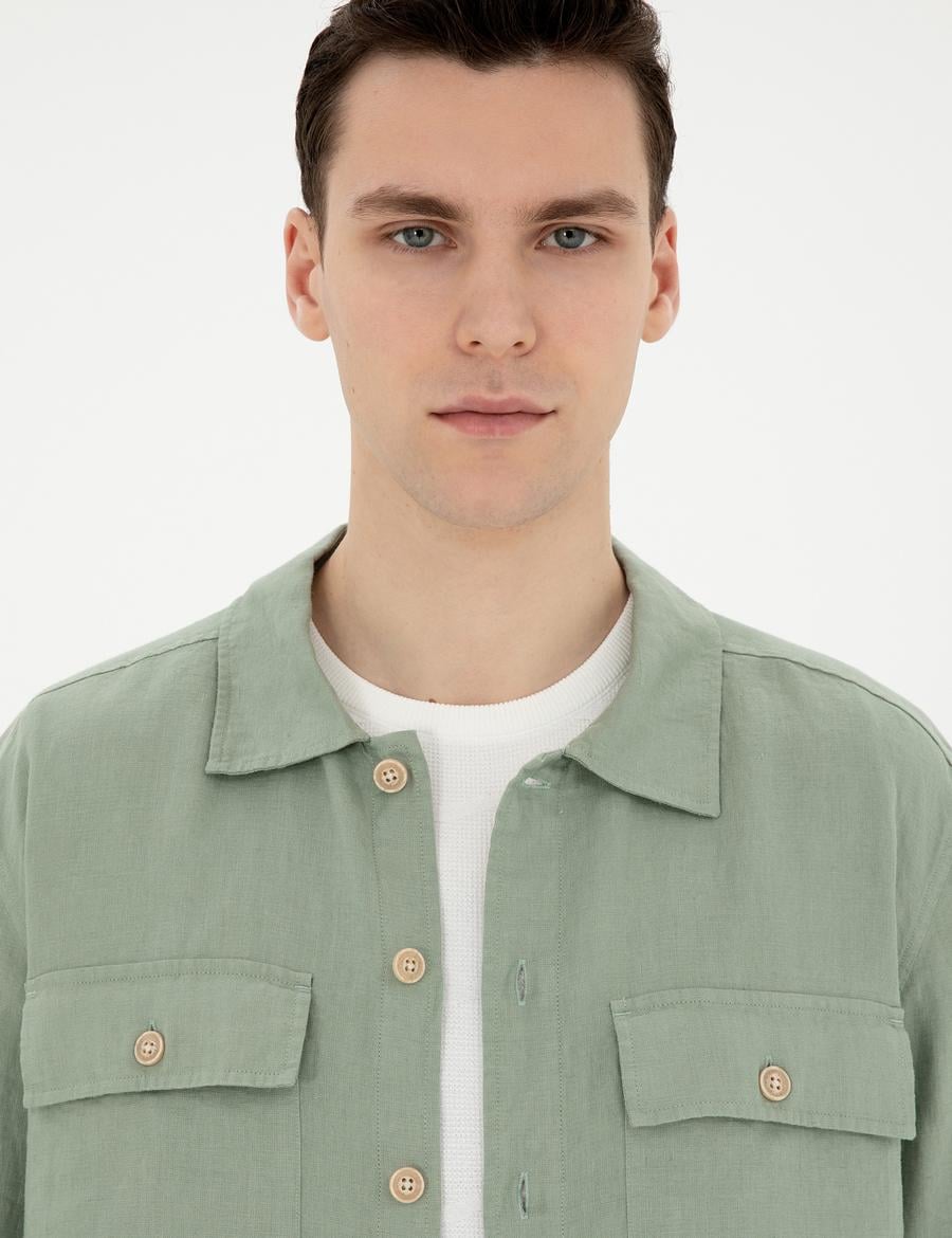 Yeşil Keten Comfort Fit Uzun Kollu Gömlek