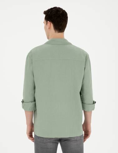 Yeşil Keten Comfort Fit Uzun Kollu Gömlek