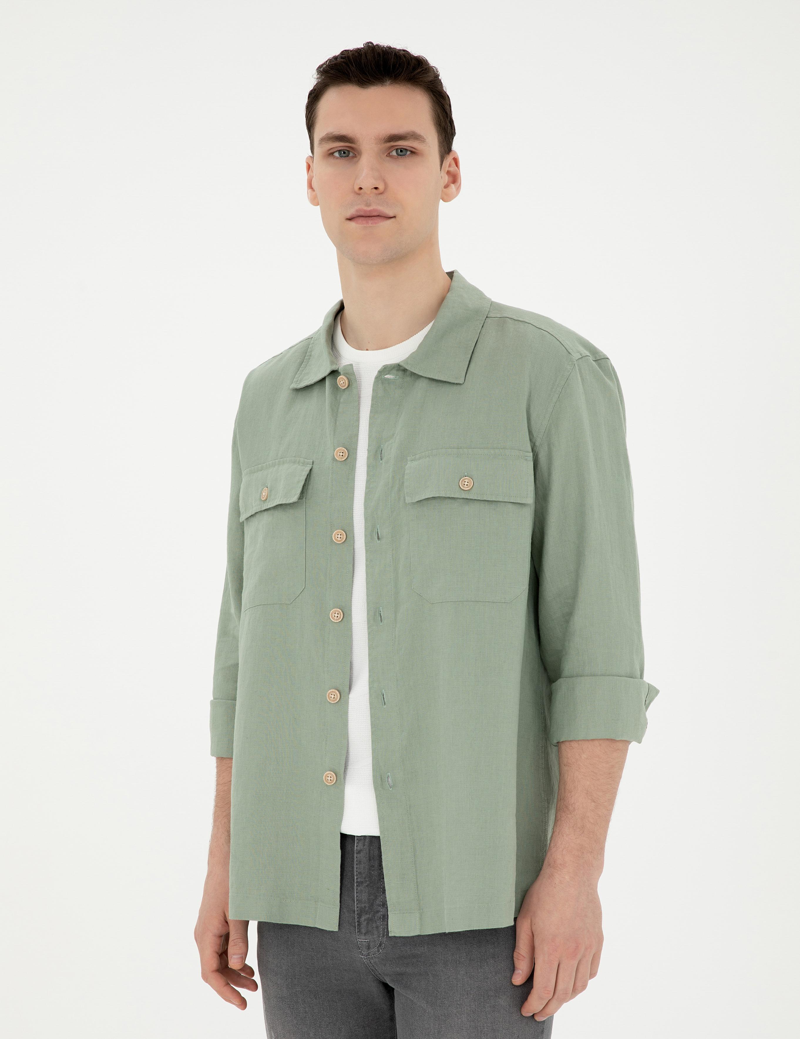 Yeşil Keten Comfort Fit Uzun Kollu Gömlek