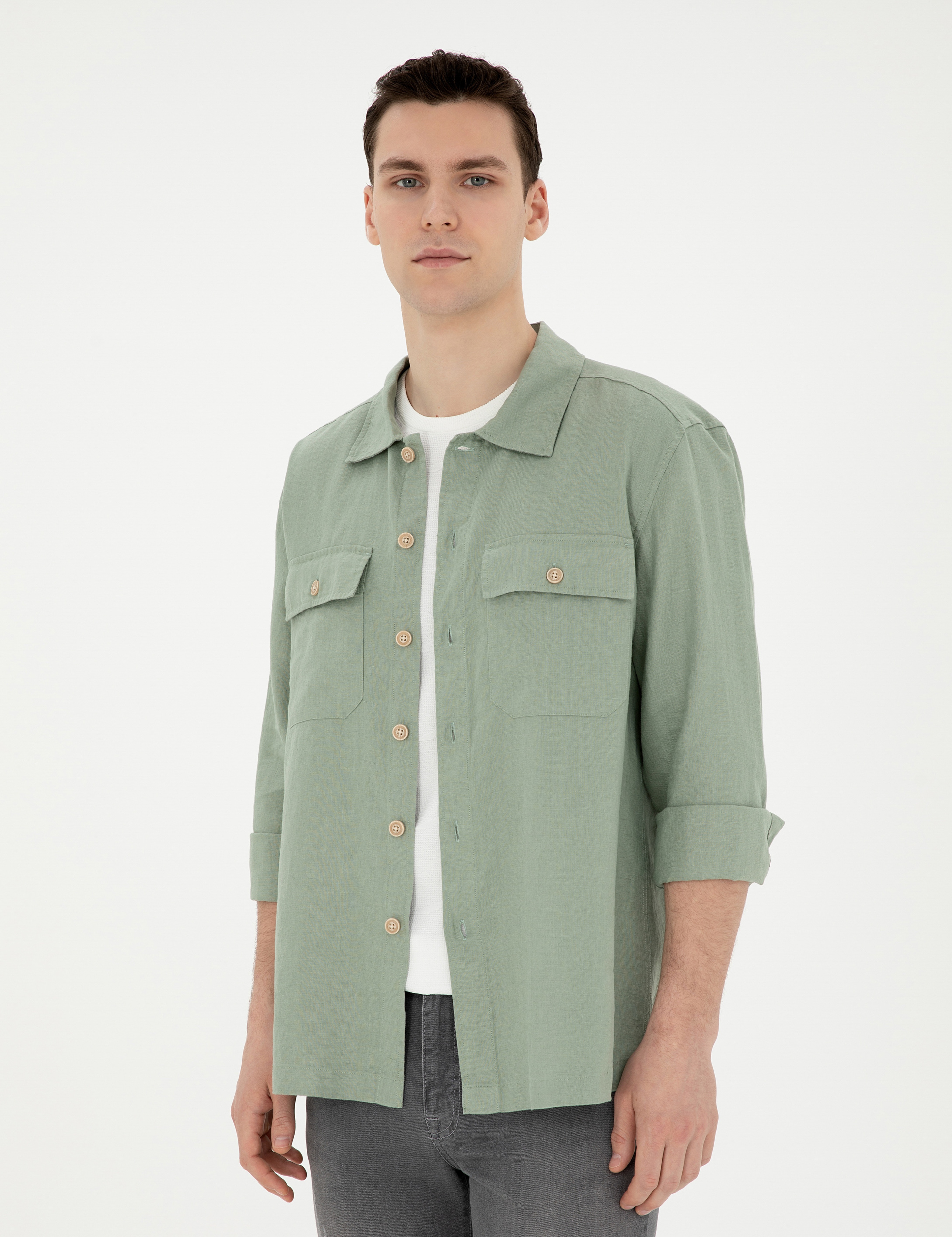 Yeşil Keten Comfort Fit Uzun Kollu Gömlek - Image 3