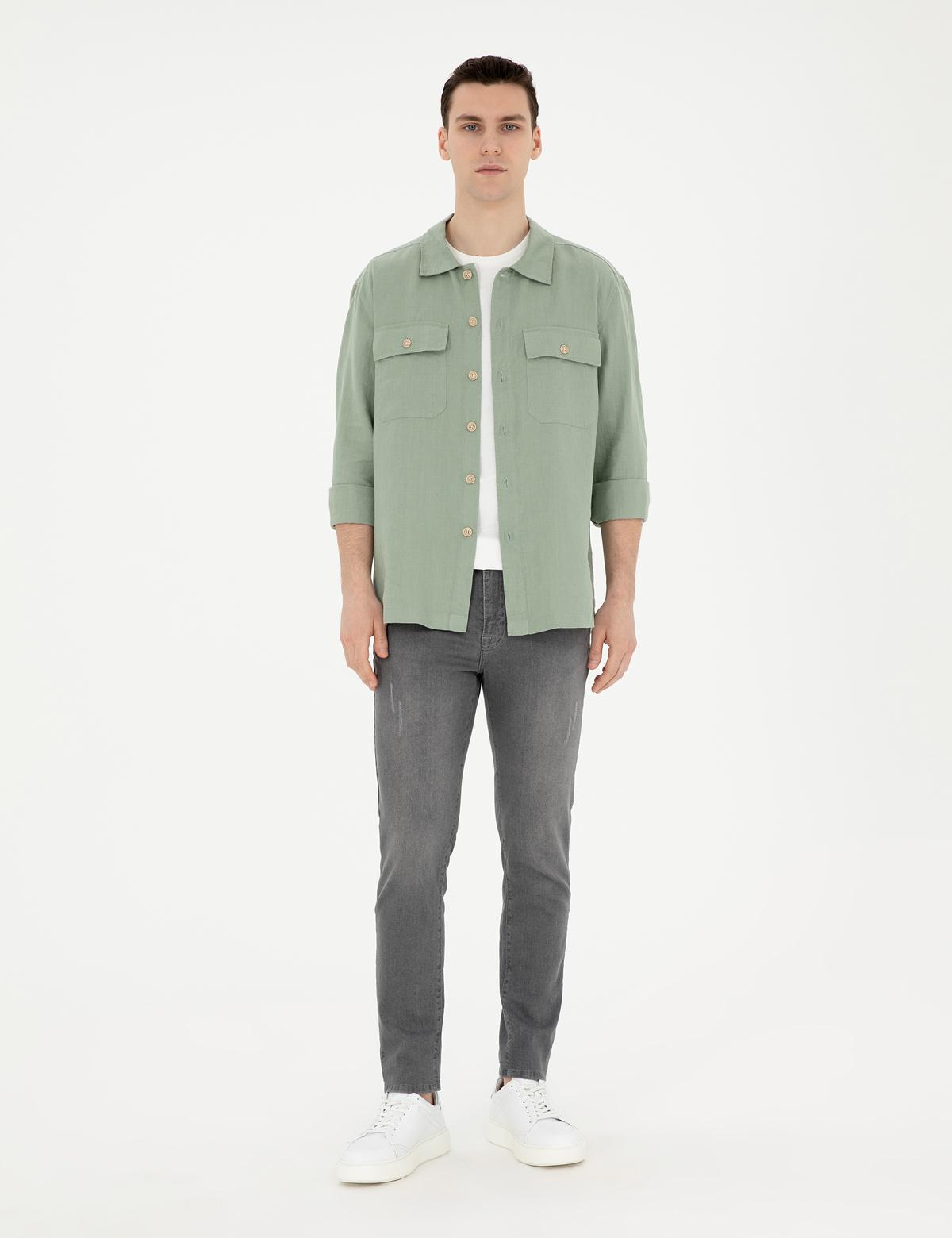 Yeşil Keten Comfort Fit Uzun Kollu Gömlek - 50287504016