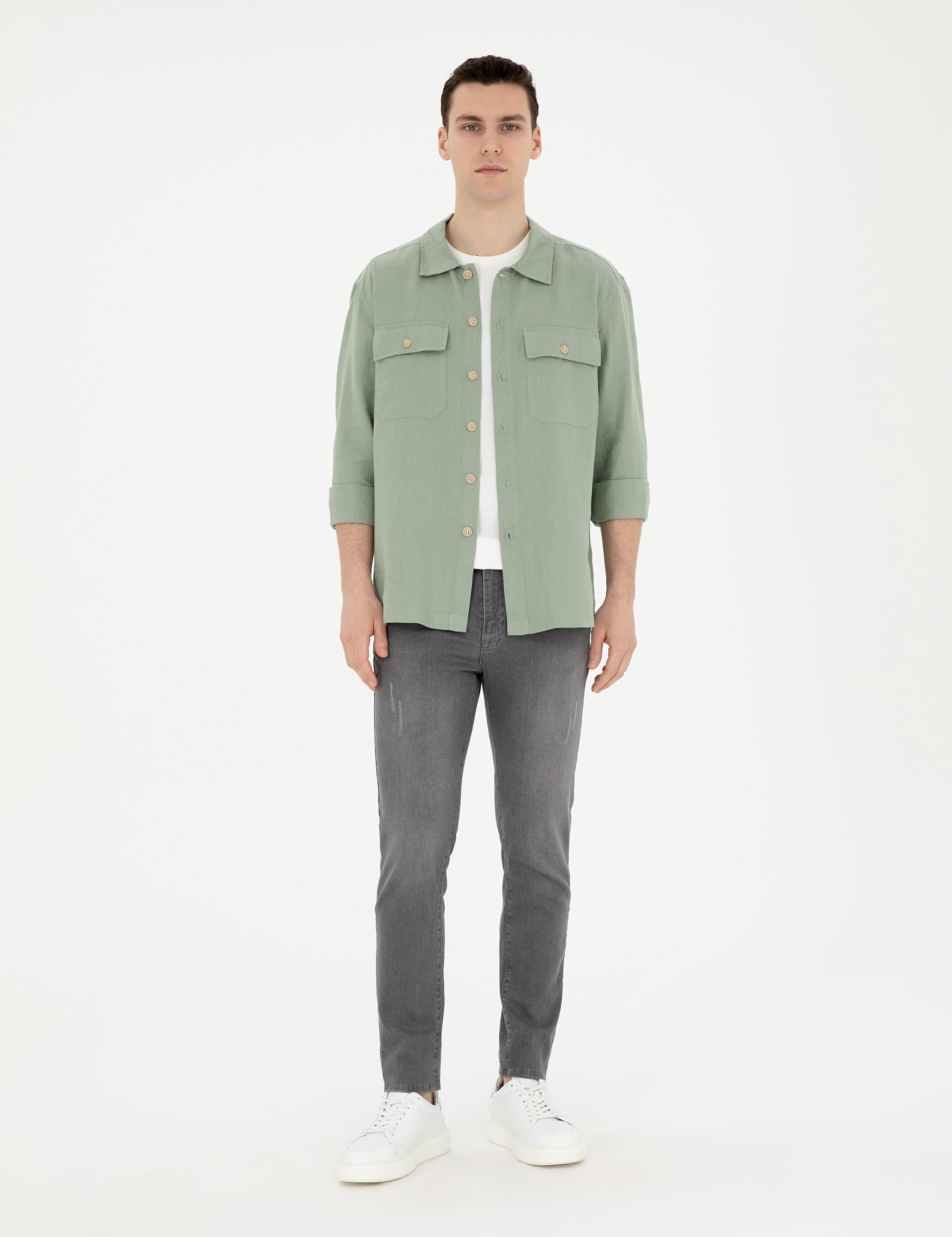 Yeşil Keten Comfort Fit Uzun Kollu Gömlek