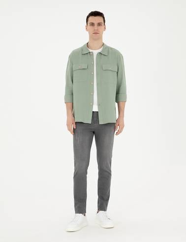 Yeşil Keten Comfort Fit Uzun Kollu Gömlek
