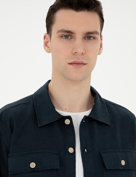 Lacivert Keten Comfort Fit Uzun Kollu Gömlek - 50287504036
