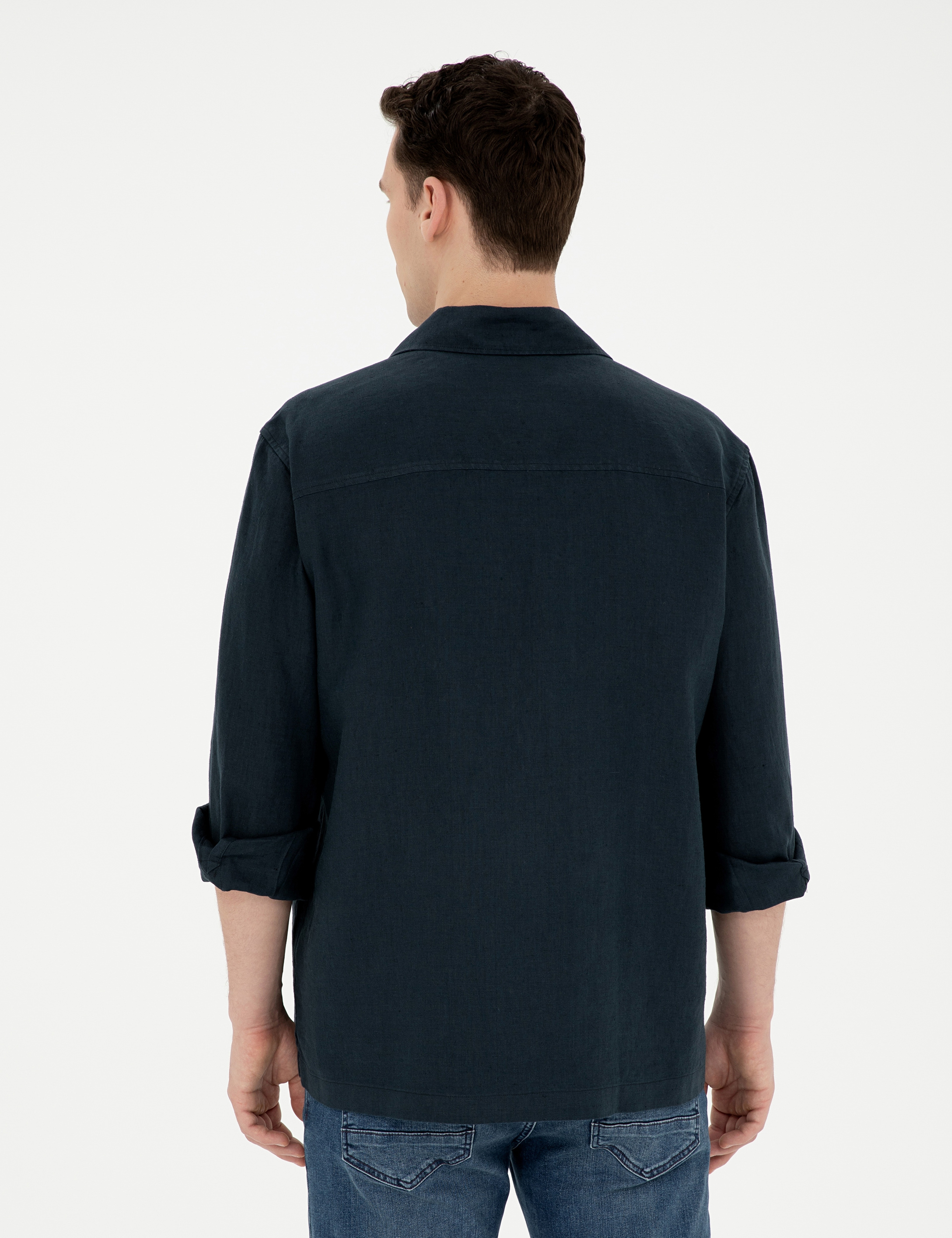 Lacivert Keten Comfort Fit Uzun Kollu Gömlek