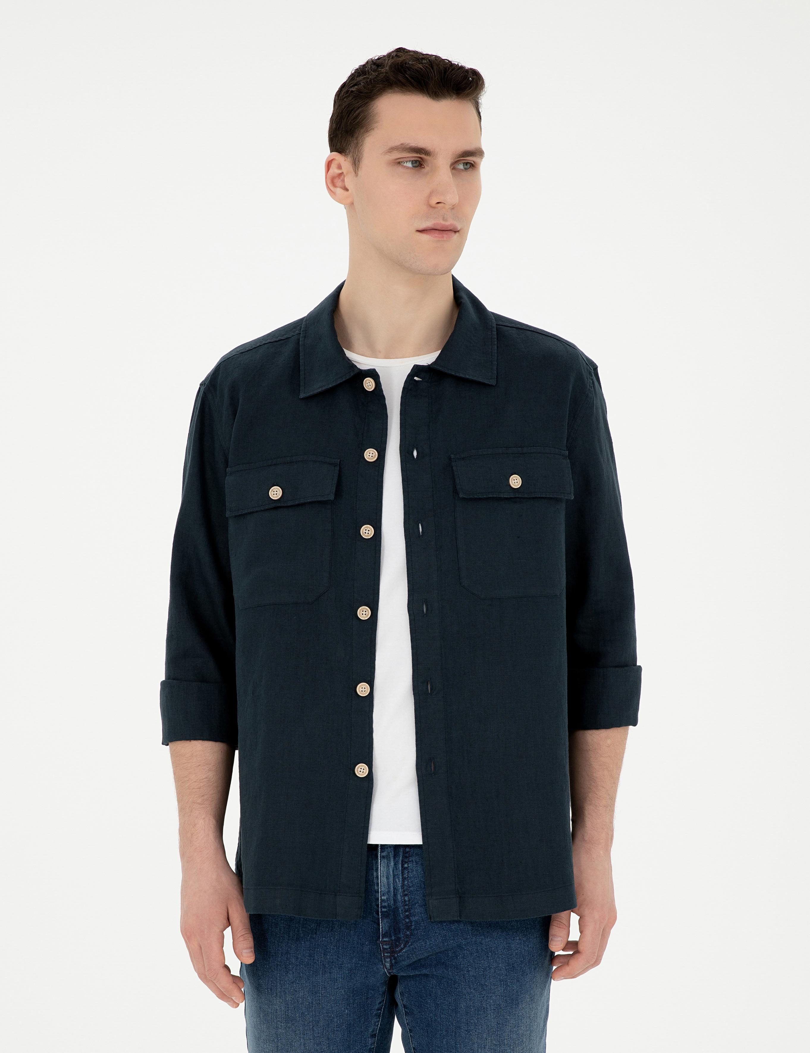 Lacivert Keten Comfort Fit Uzun Kollu Gömlek