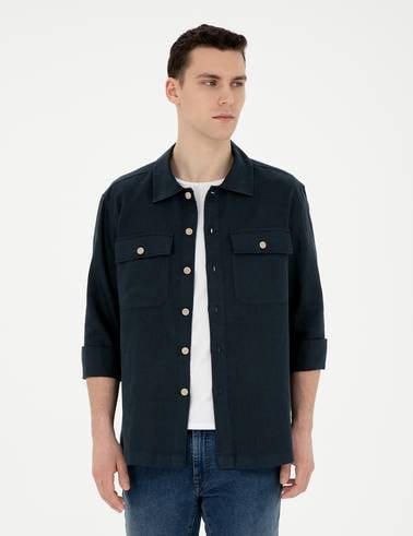 Lacivert Keten Comfort Fit Uzun Kollu Gömlek