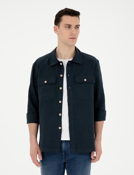 Lacivert Keten Comfort Fit Uzun Kollu Gömlek - 50287504036