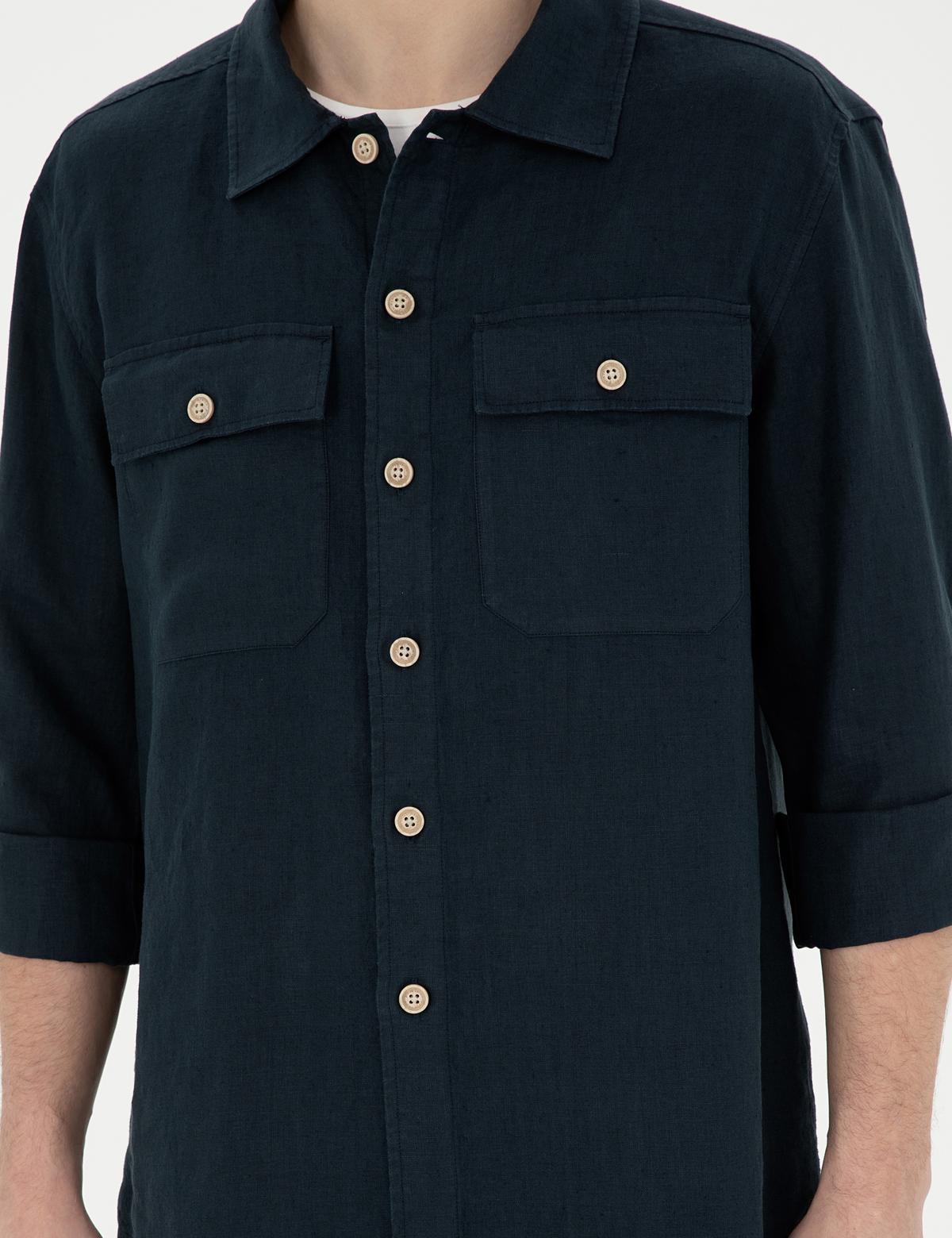 Lacivert Keten Comfort Fit Uzun Kollu Gömlek - 50287504036