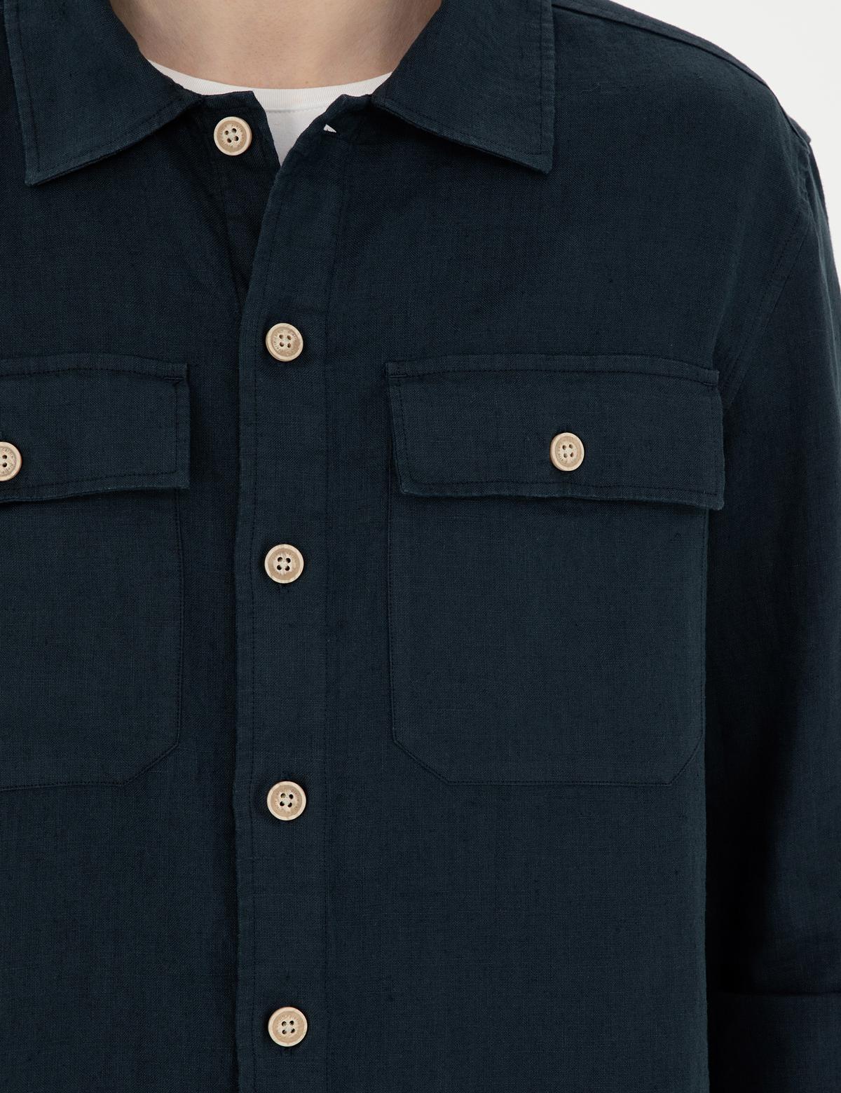 Lacivert Keten Comfort Fit Uzun Kollu Gömlek - 50287504036