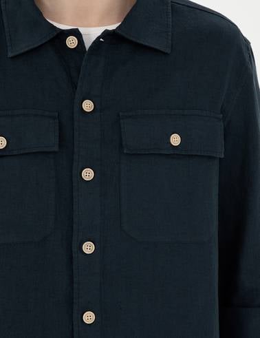 Lacivert Keten Comfort Fit Uzun Kollu Gömlek