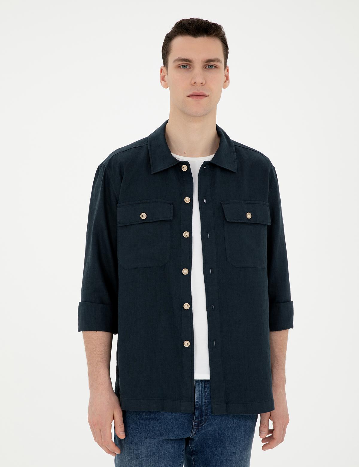 Lacivert Keten Comfort Fit Uzun Kollu Gömlek - 50287504036