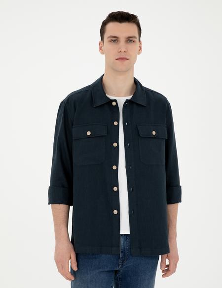 Lacivert Keten Comfort Fit Uzun Kollu Gömlek - 50287504036