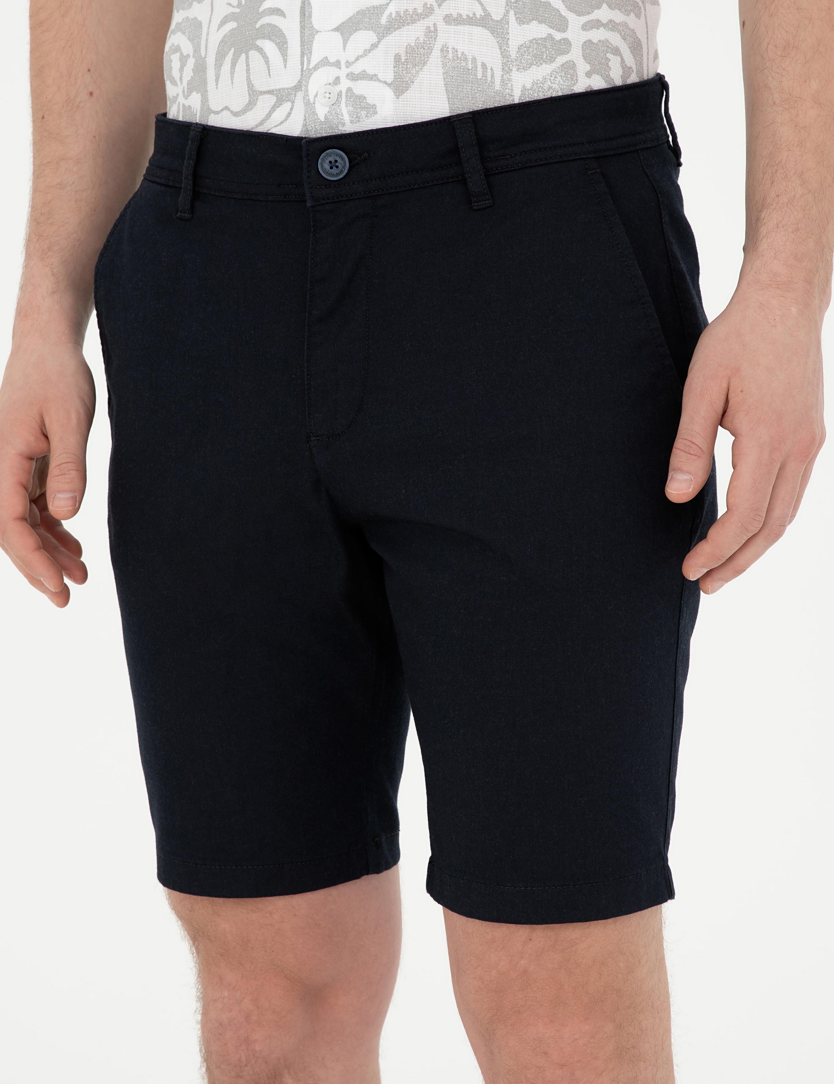 Lacivert Slim Fit Dokuma Şort