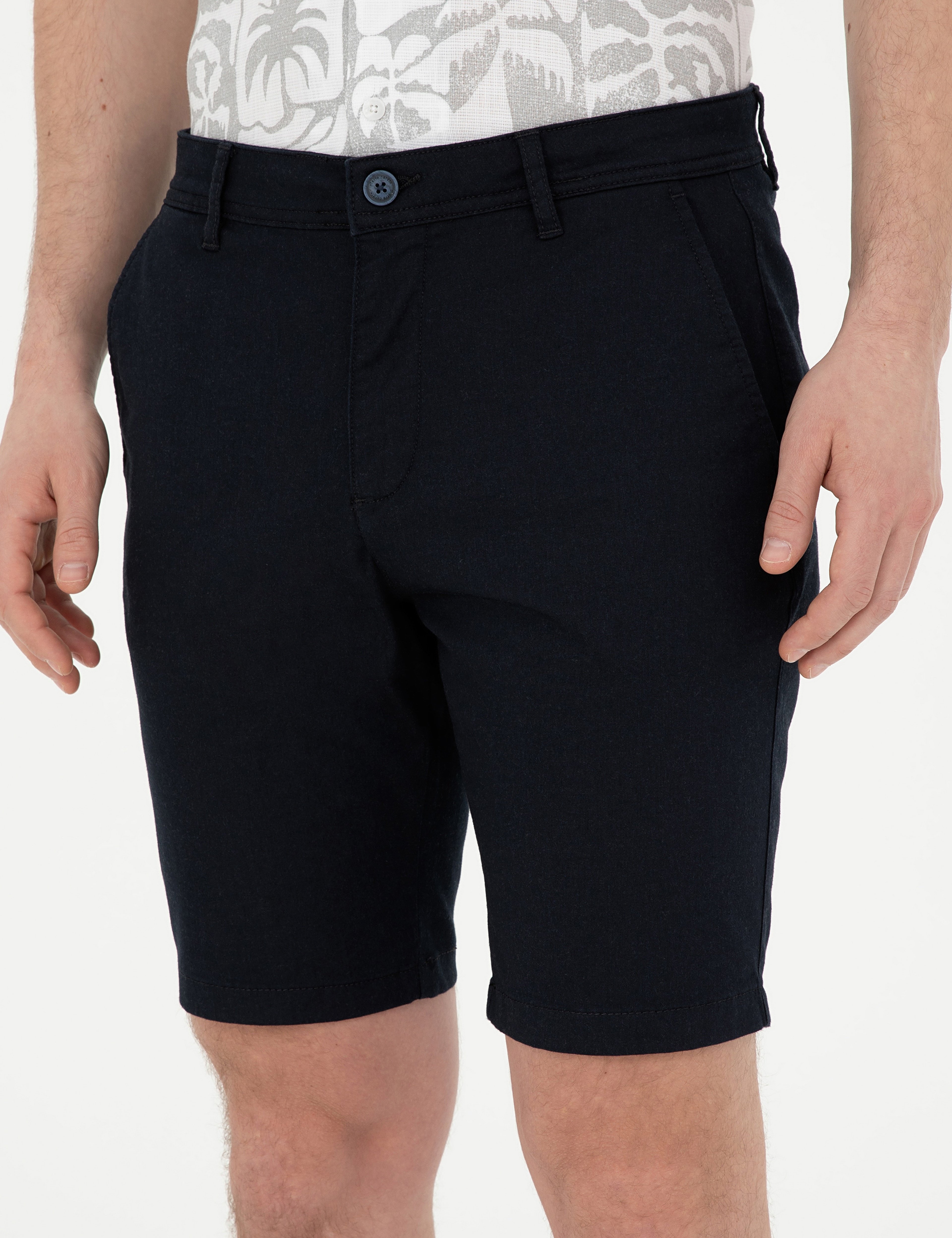 Lacivert Slim Fit Dokuma Şort