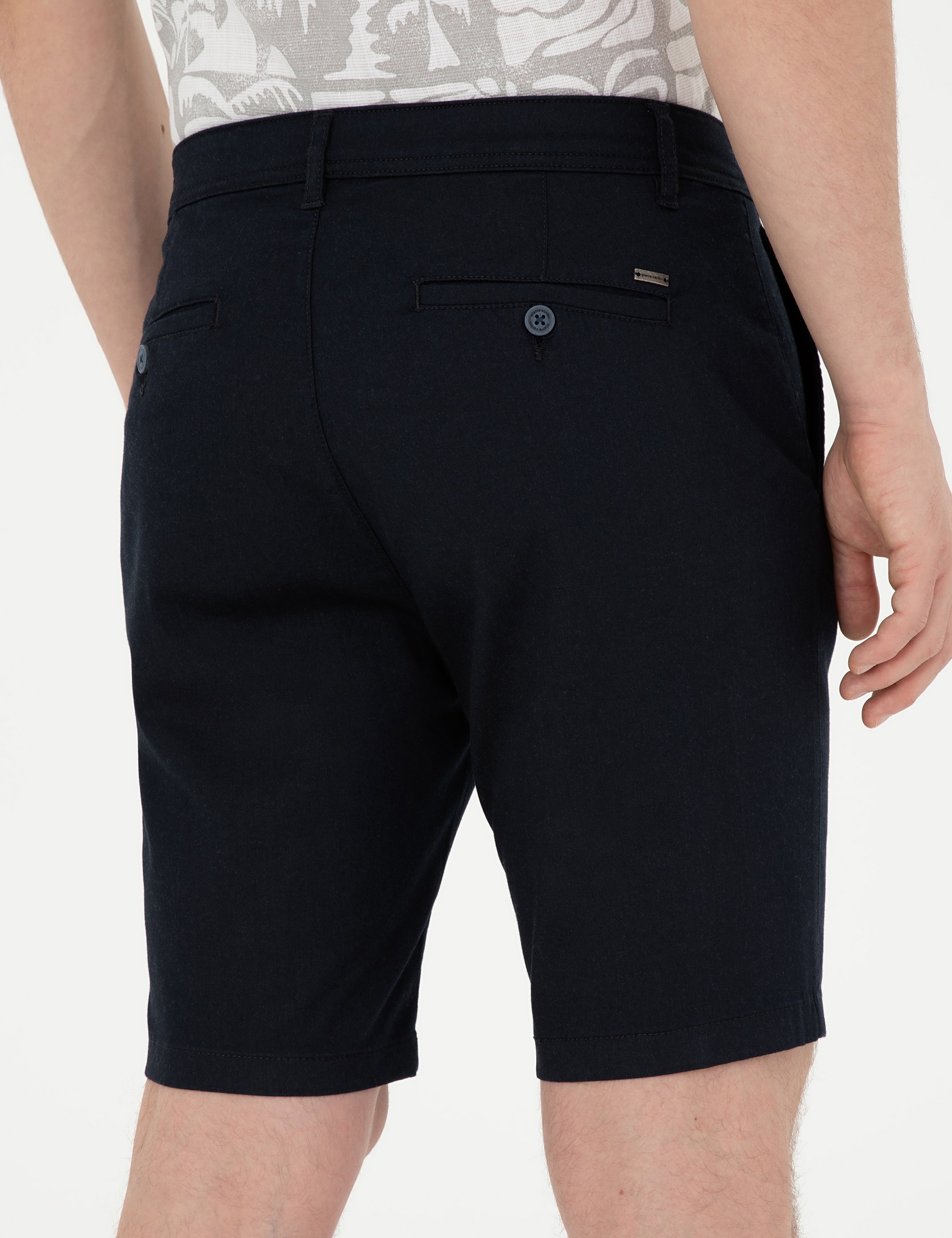 Lacivert Slim Fit Dokuma Şort
