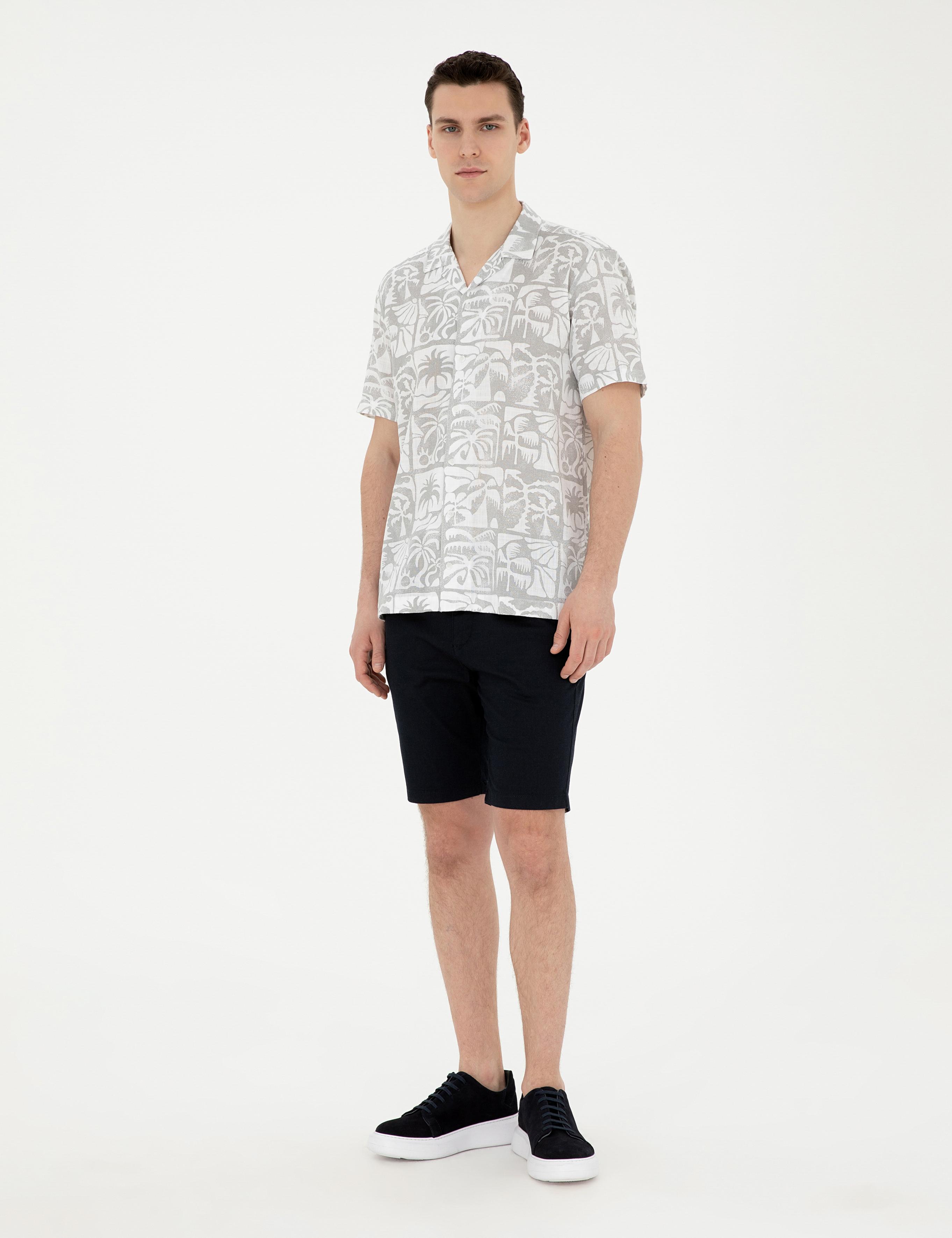 Lacivert Slim Fit Dokuma Şort