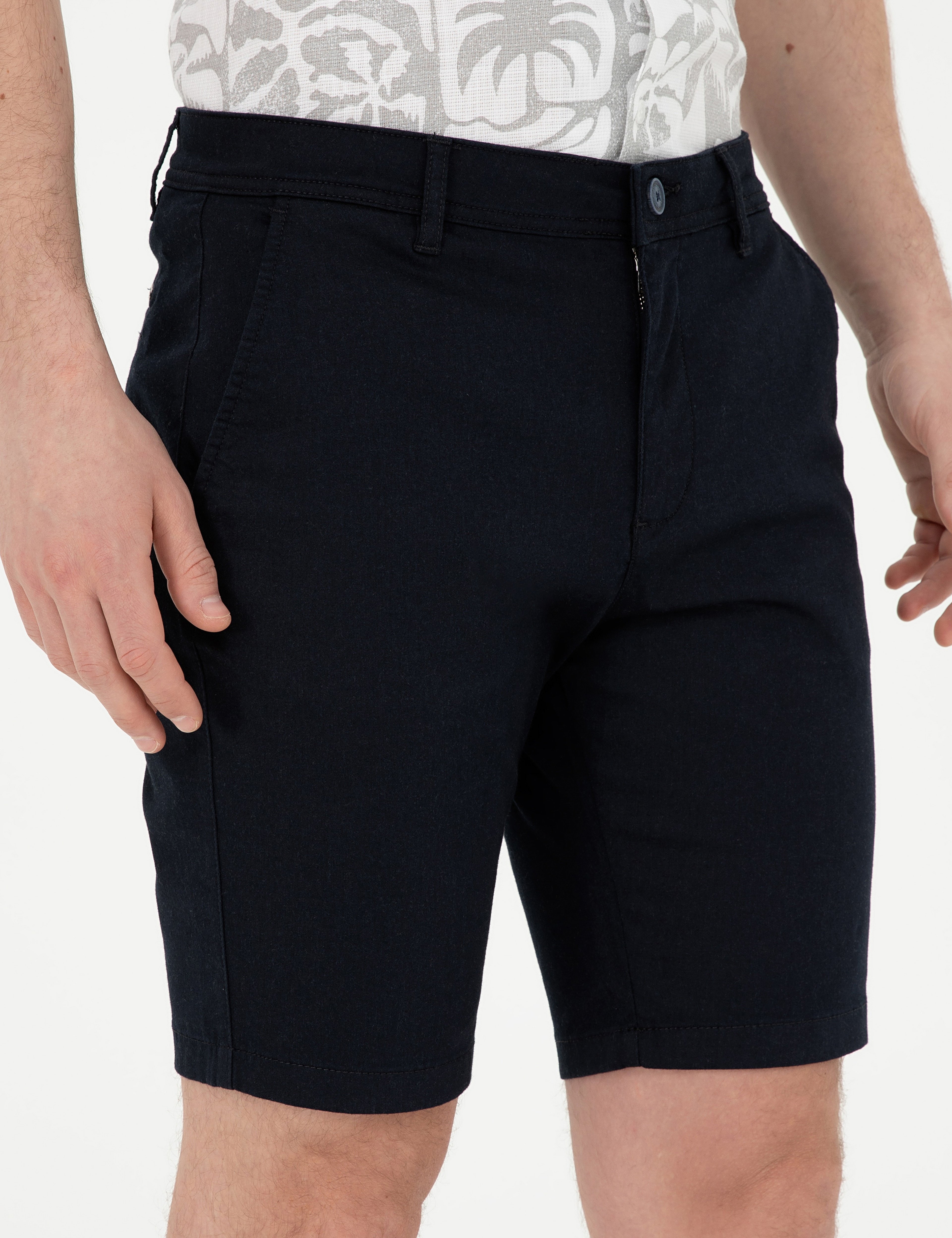 Lacivert Slim Fit Dokuma Şort