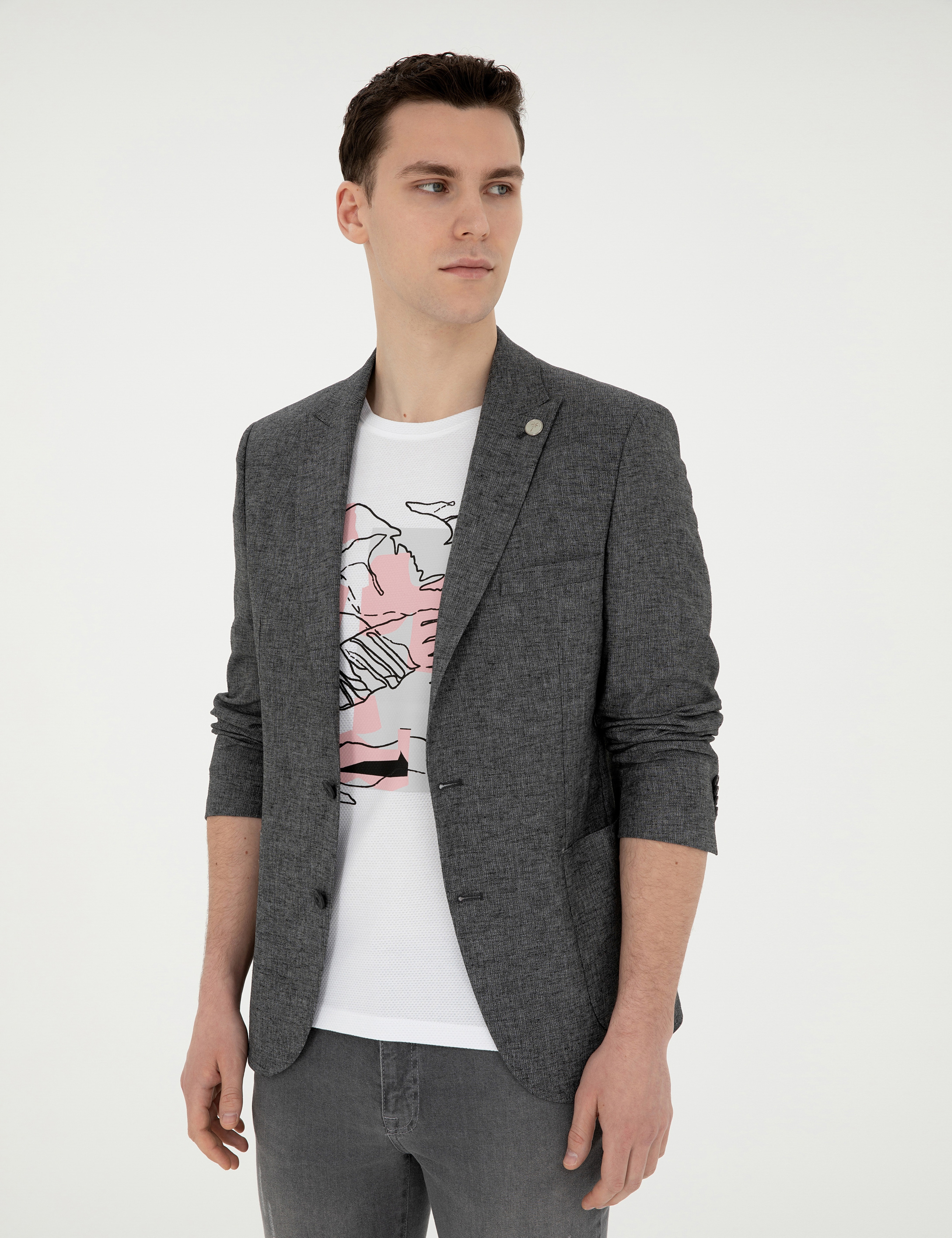Antrasit Ex. Slim Fit Keten Karışımlı Ceket