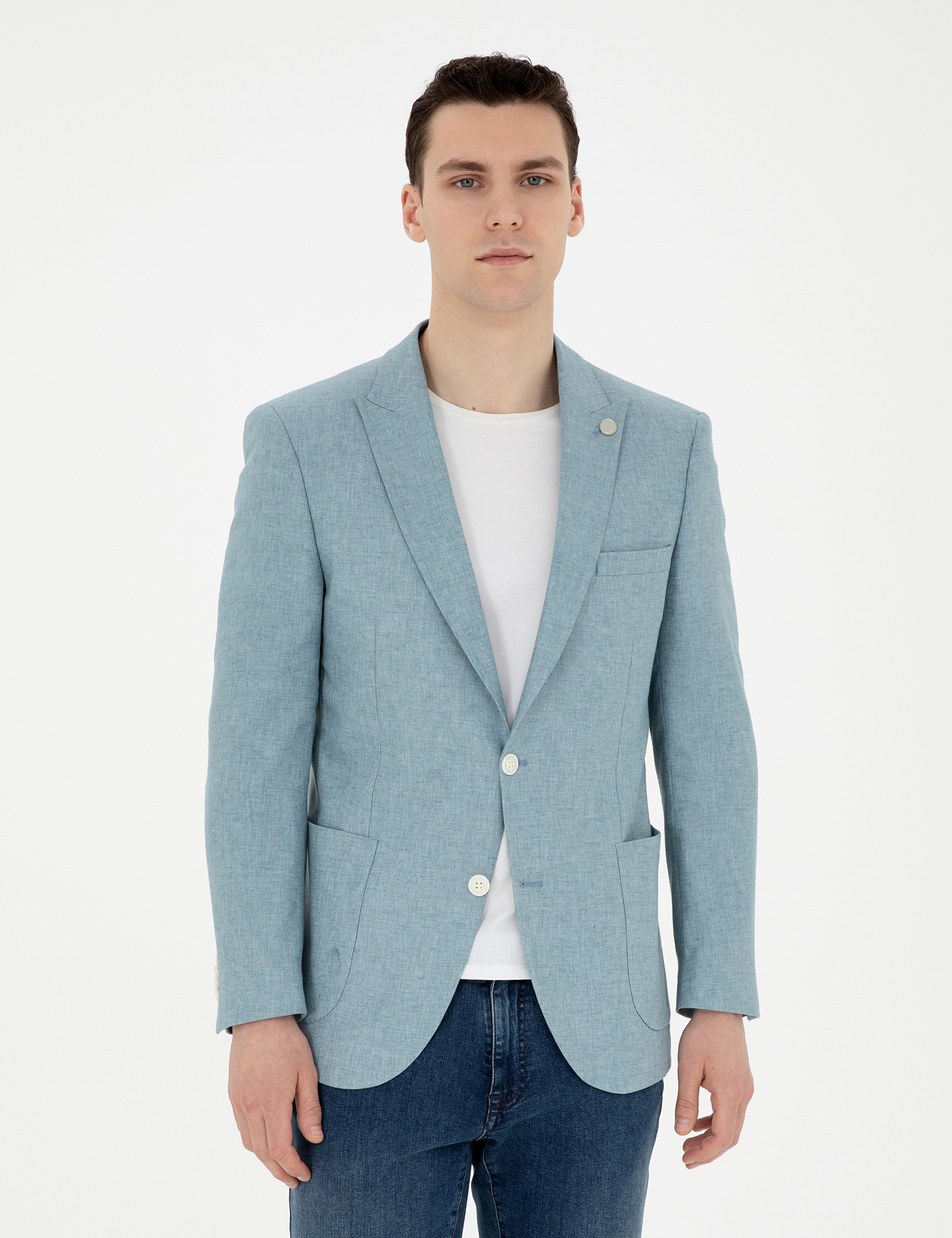 Açık Mavi Ex. Slim Fit Keten Karışımlı Ceket