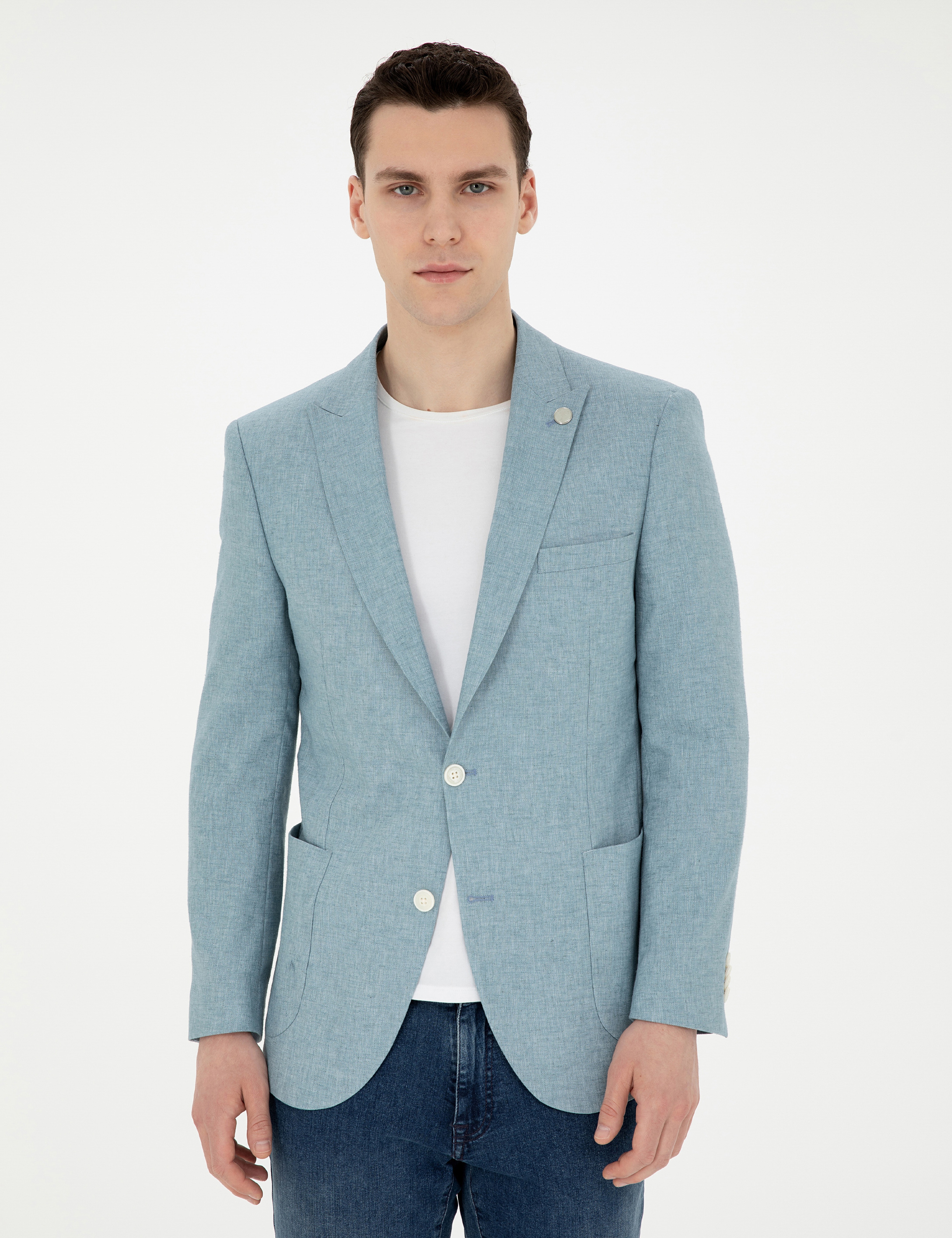 Açık Mavi Ex. Slim Fit Keten Karışımlı Ceket - Image 3