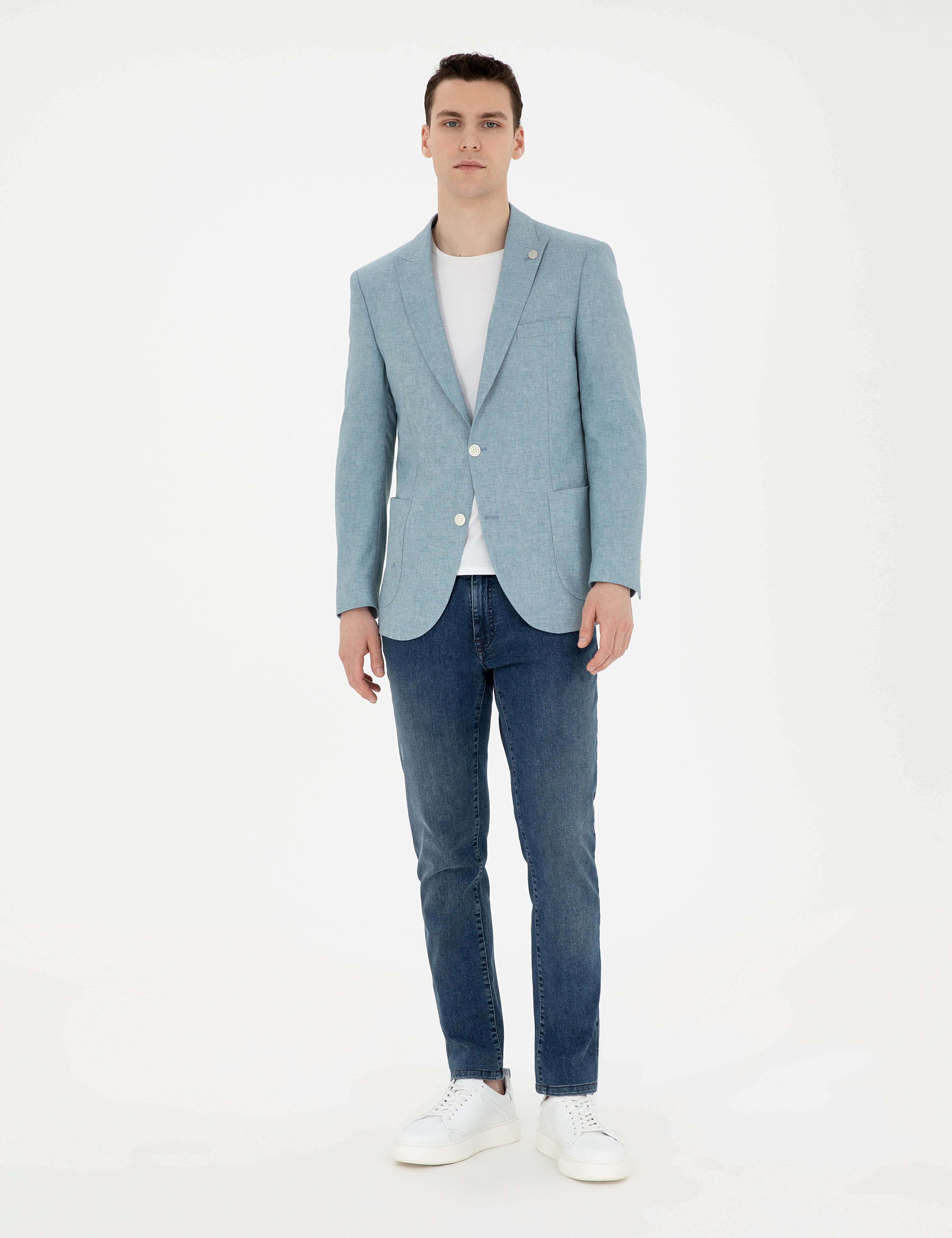 Açık Mavi Ex. Slim Fit Keten Karışımlı Ceket