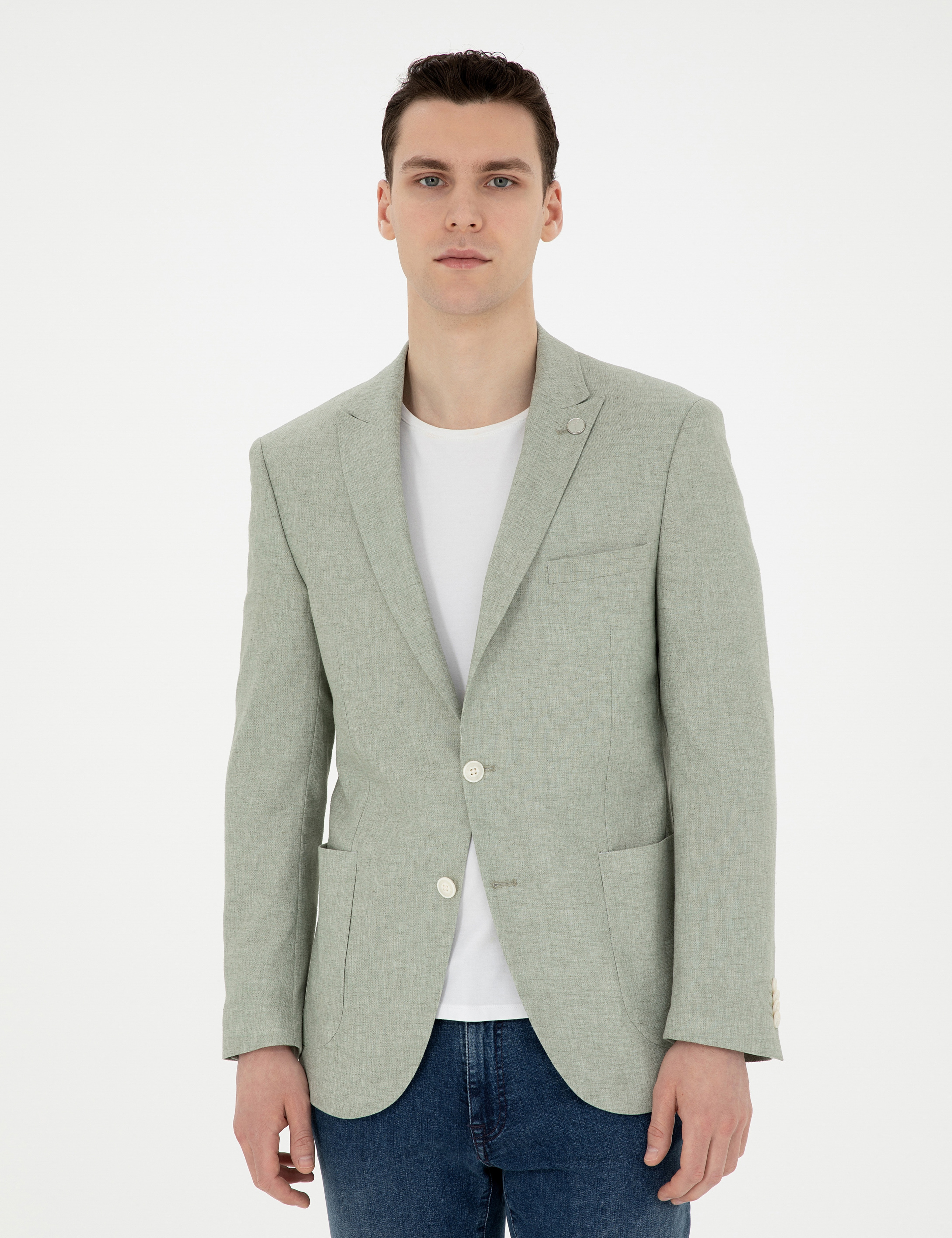 Açık Yeşil Ex. Slim Fit Keten Karışımlı Ceket - Image 3