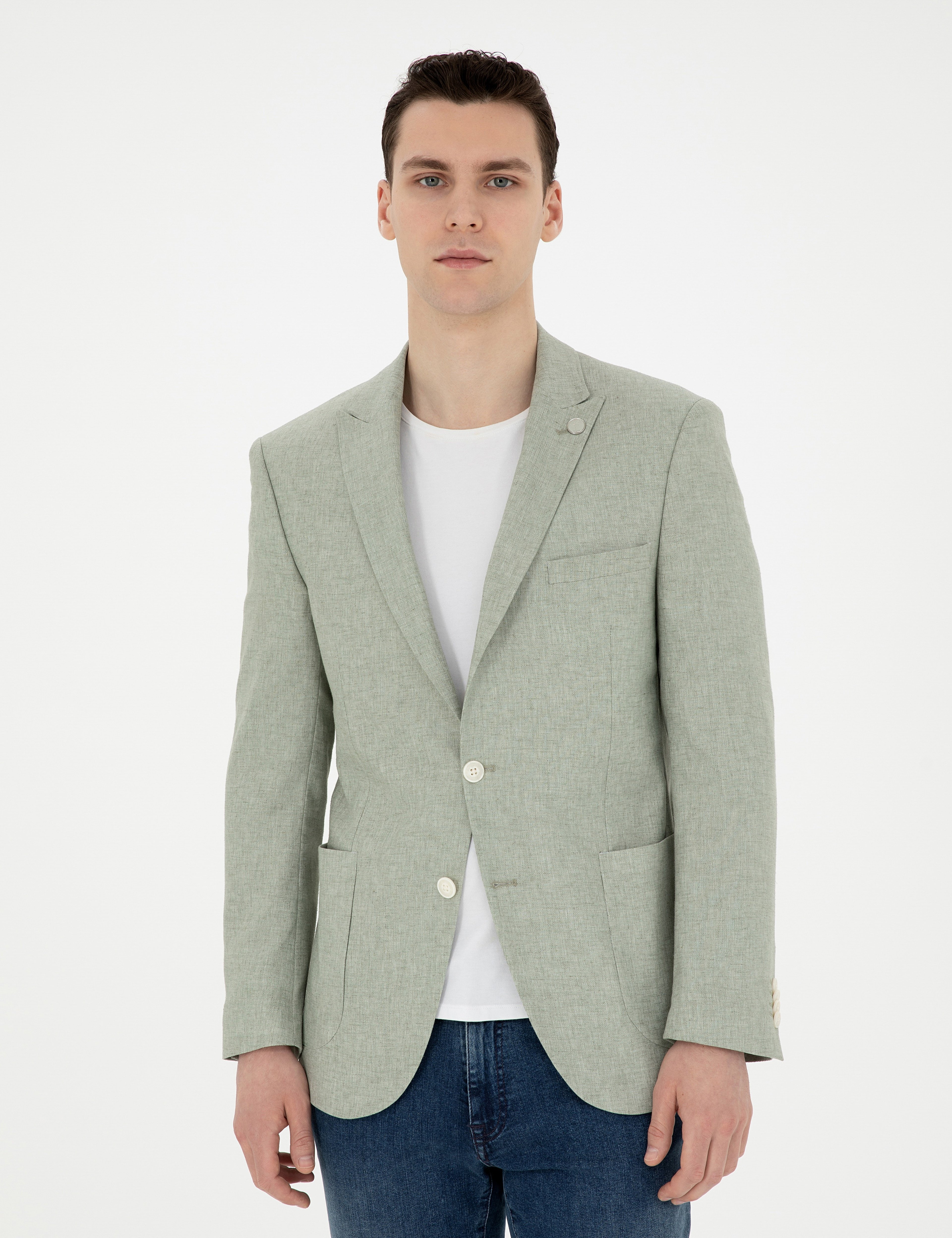 Açık Yeşil Ex. Slim Fit Keten Karışımlı Ceket